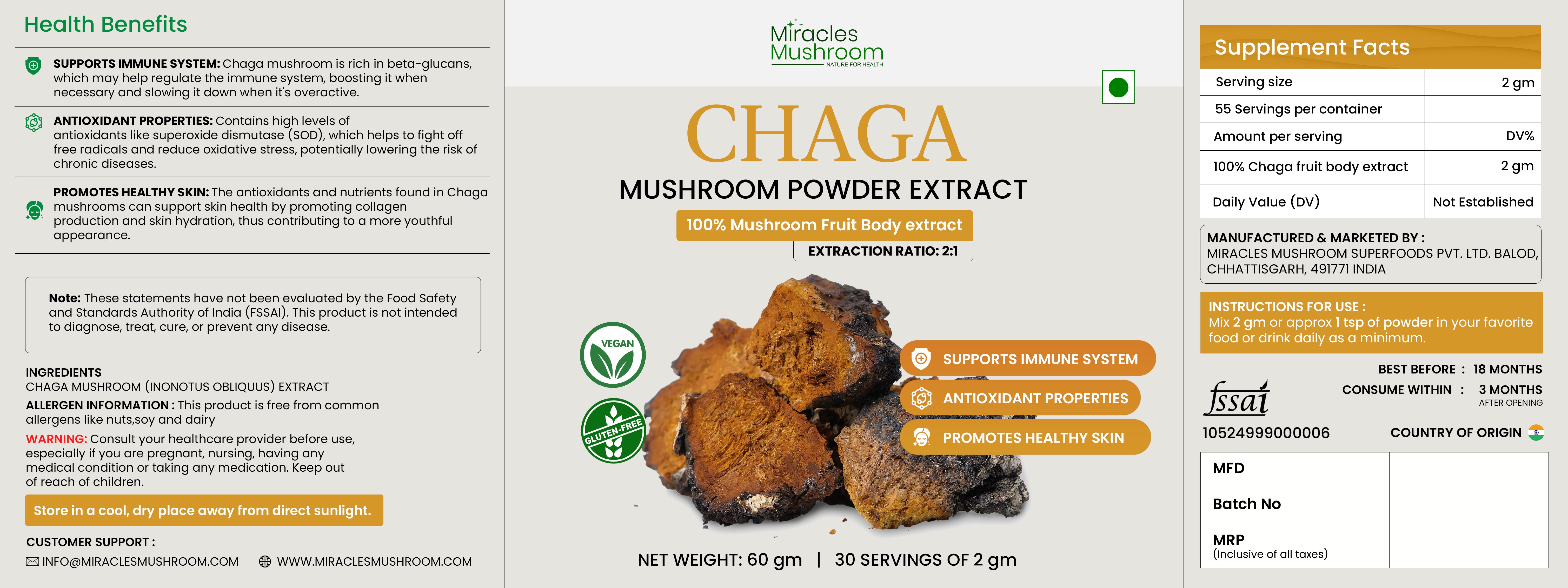Miracles Mushroom :  Chaga Mushroom Extract Powder 60g