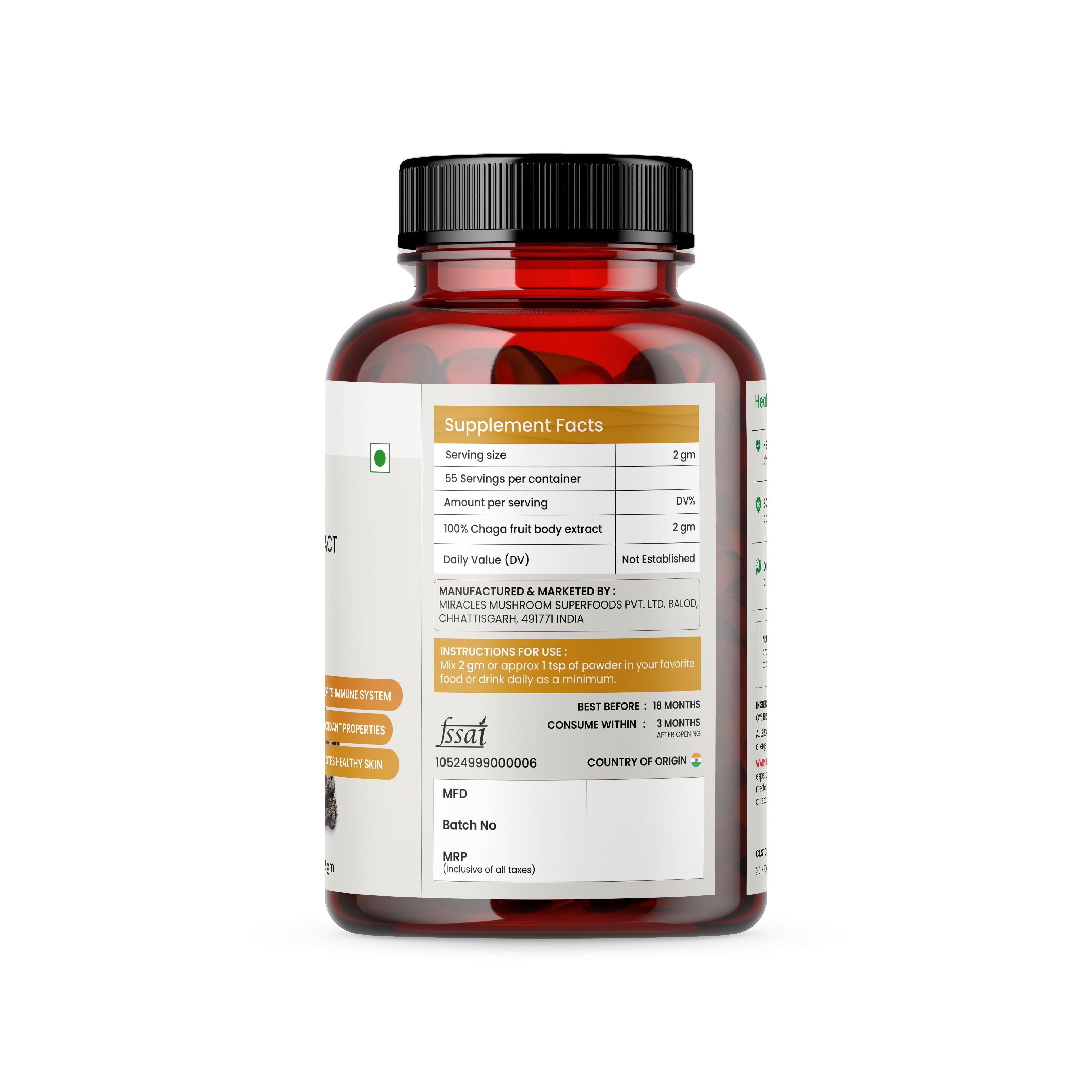 Miracles Mushroom - Chaga Mushroom Extract Powder - 110g.