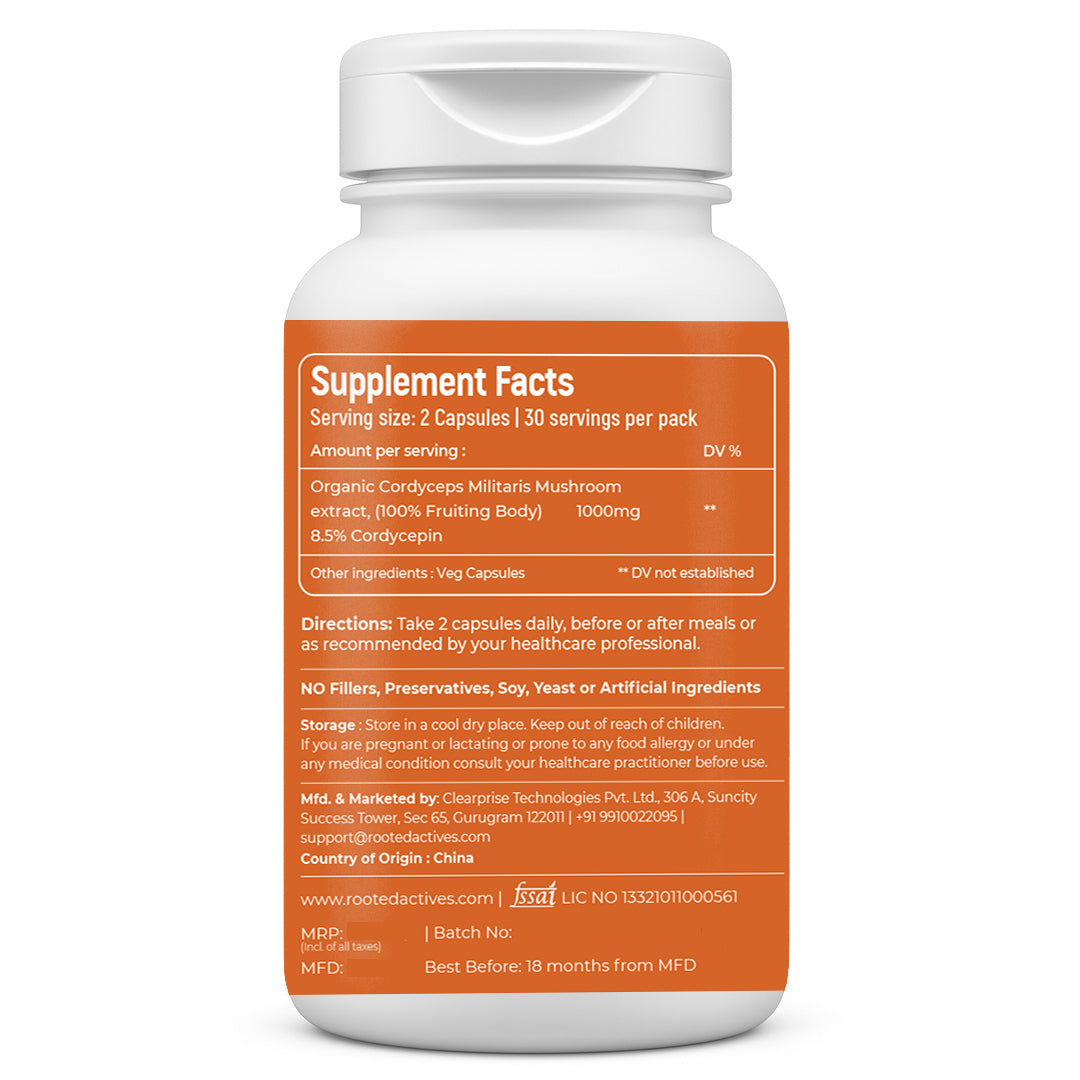 Rooted Actives Cordyceps Militaris Extract Capsules - Adenosine & Cordycepin Standardised | Everyday Energy Routine