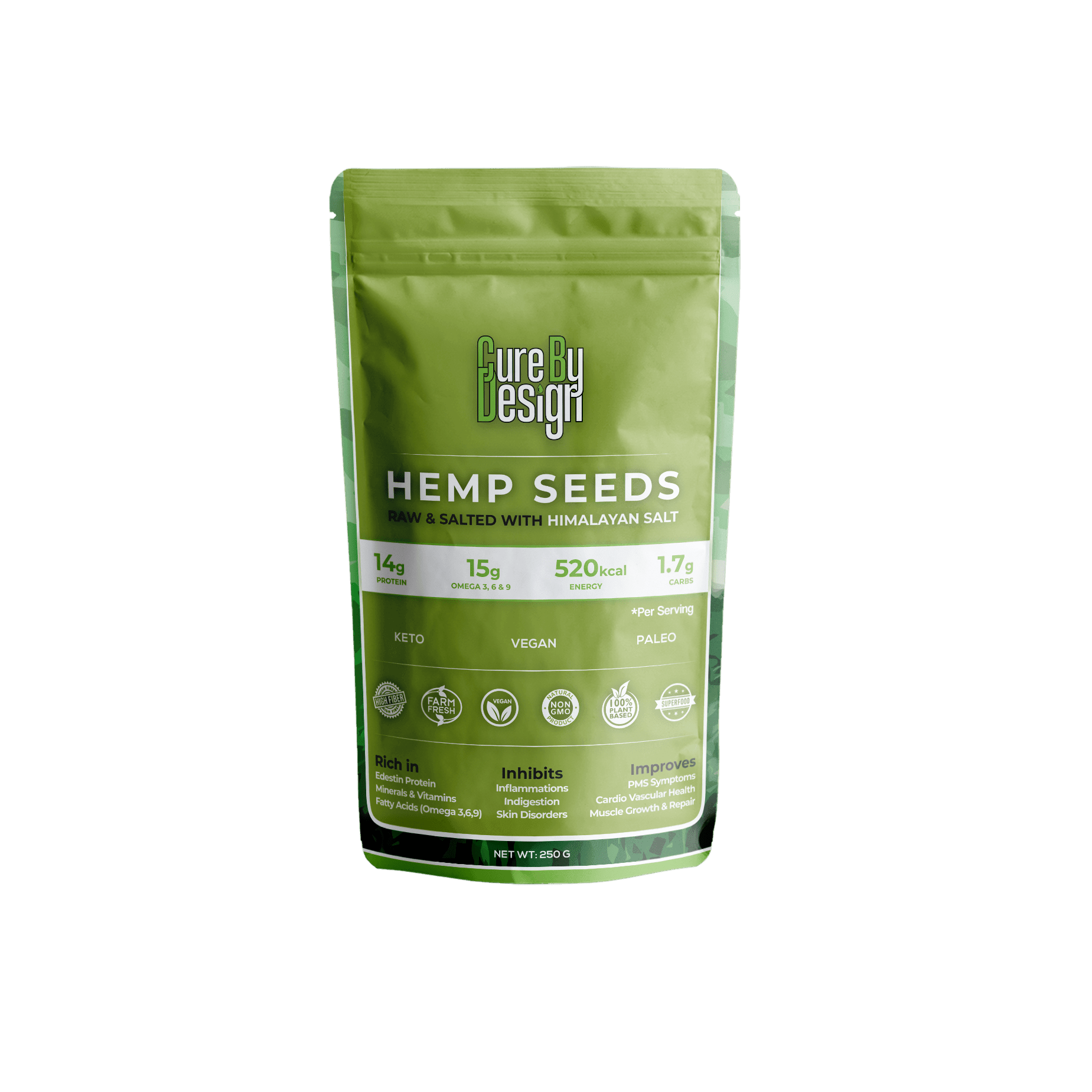 Cure By Design Roasted Hemp Seeds With Pink Himalayan Salt.