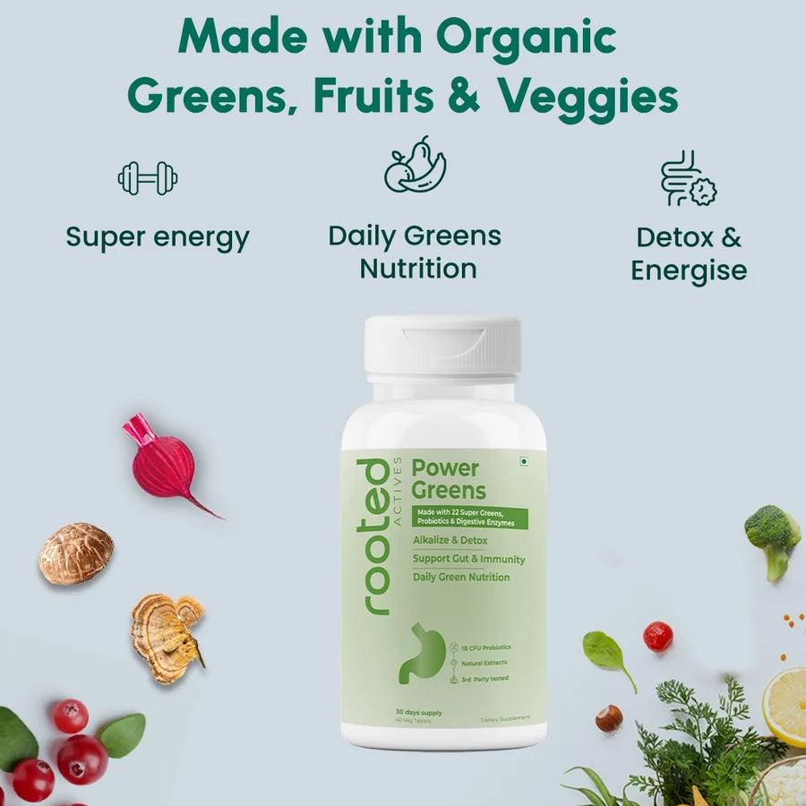 Rooted Actives Power Greens Tablets - 22 Super Greens & Fruits, 27+ Nutrients Per Serving
