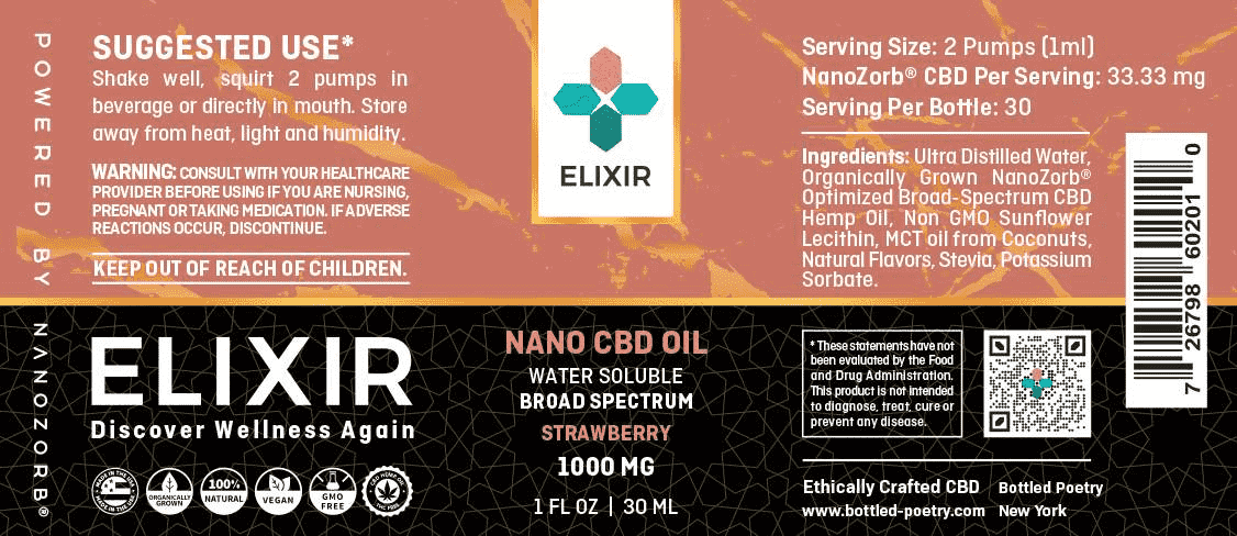 Elixir CBD oil product label with suggested use and ingredients on coral background