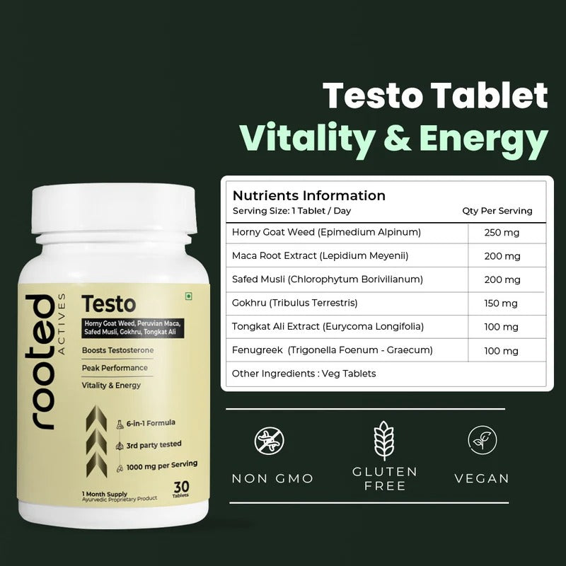 Rooted Actives Testo Tablets - Maca, Safed Musli, Tongkat Ali, Fenugreek & Gokhru Herbal Formula for Men