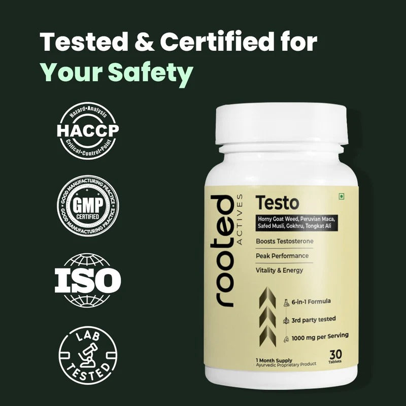 Rooted Actives Testo Tablets - Maca, Safed Musli, Tongkat Ali, Fenugreek & Gokhru Herbal Formula for Men