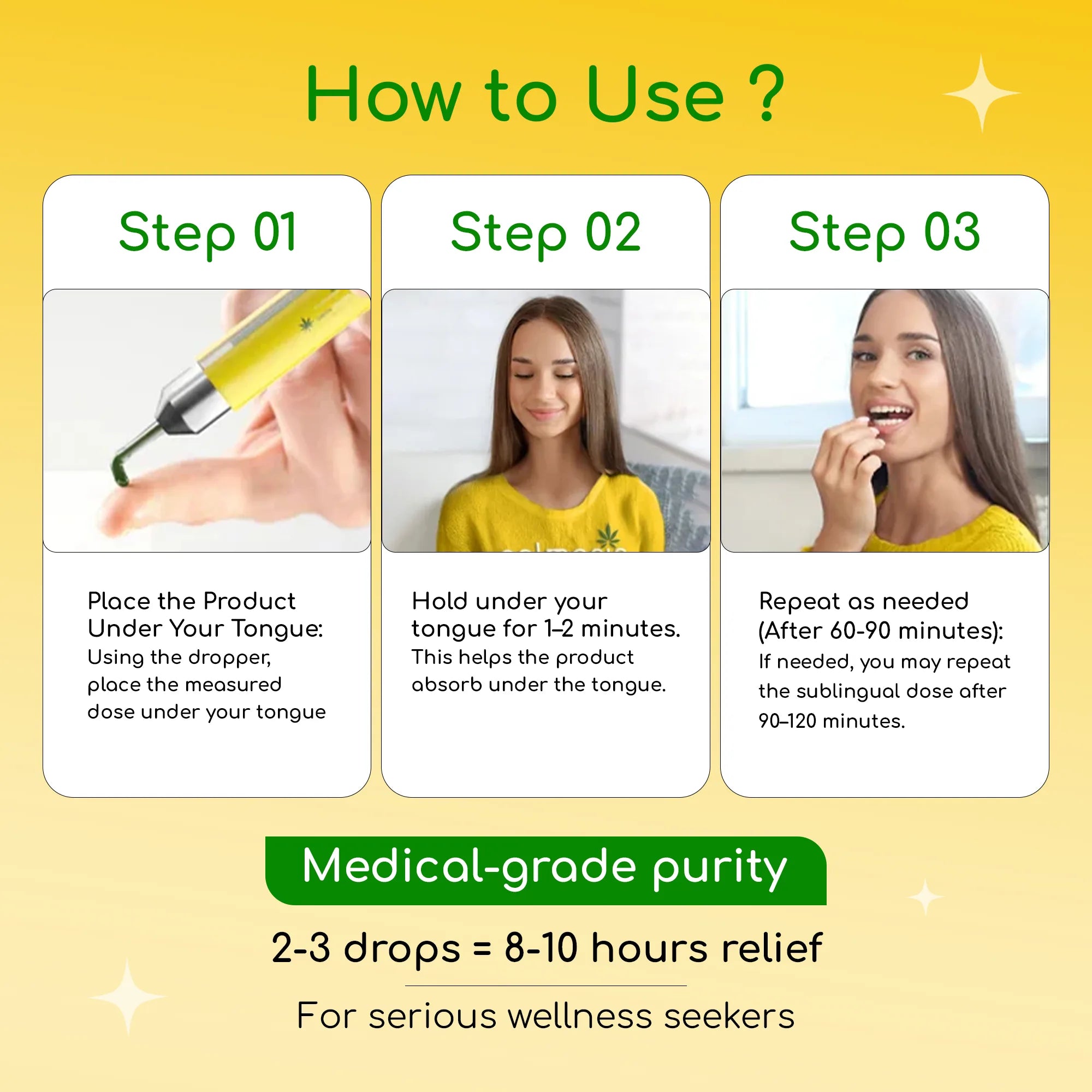 Instructions on how to use a product with images and text on a yellow background