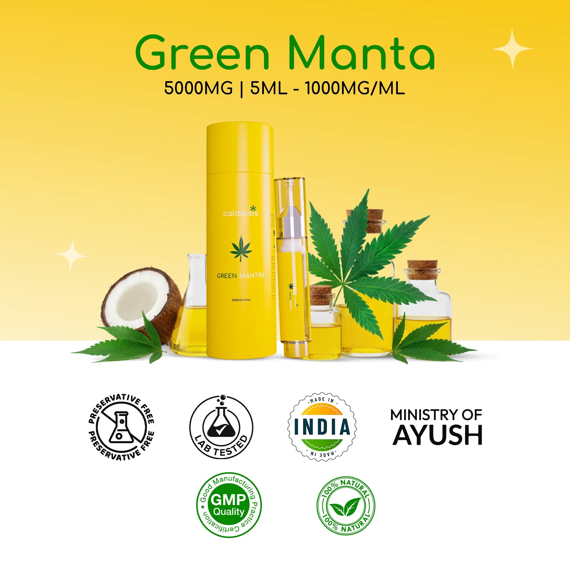 Green Manta product with cannabis leaf and certification logos on a yellow background