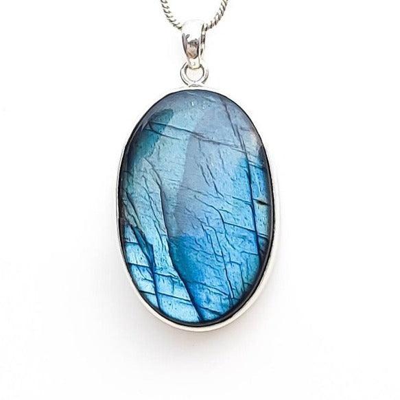XXL Deep Blue Flash Labradorite Sterling Silver Pendant Necklace-AAA Premium Quality.