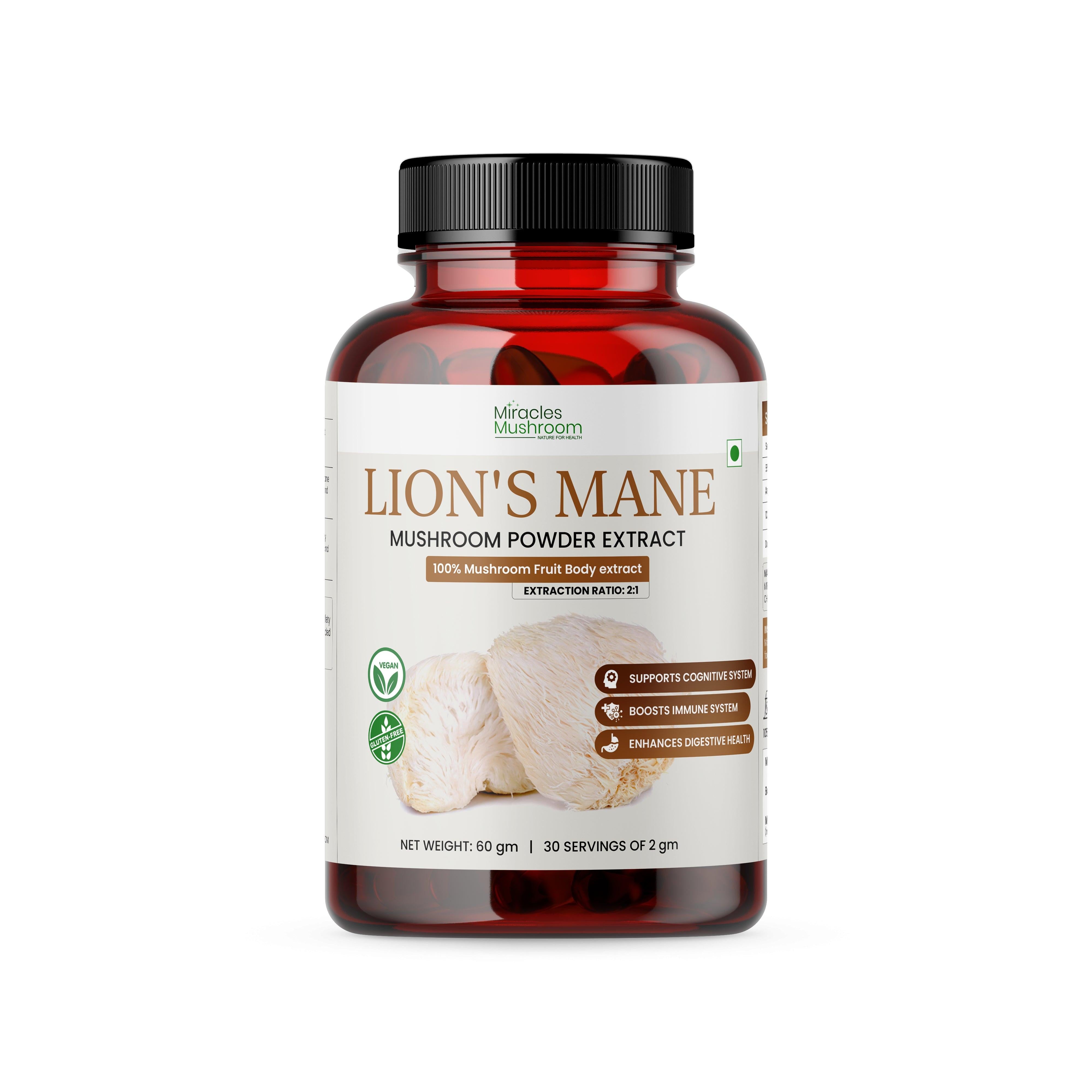 Miracles Mushroom : Lion's  Mane Mushroom Extract Powder 60g.