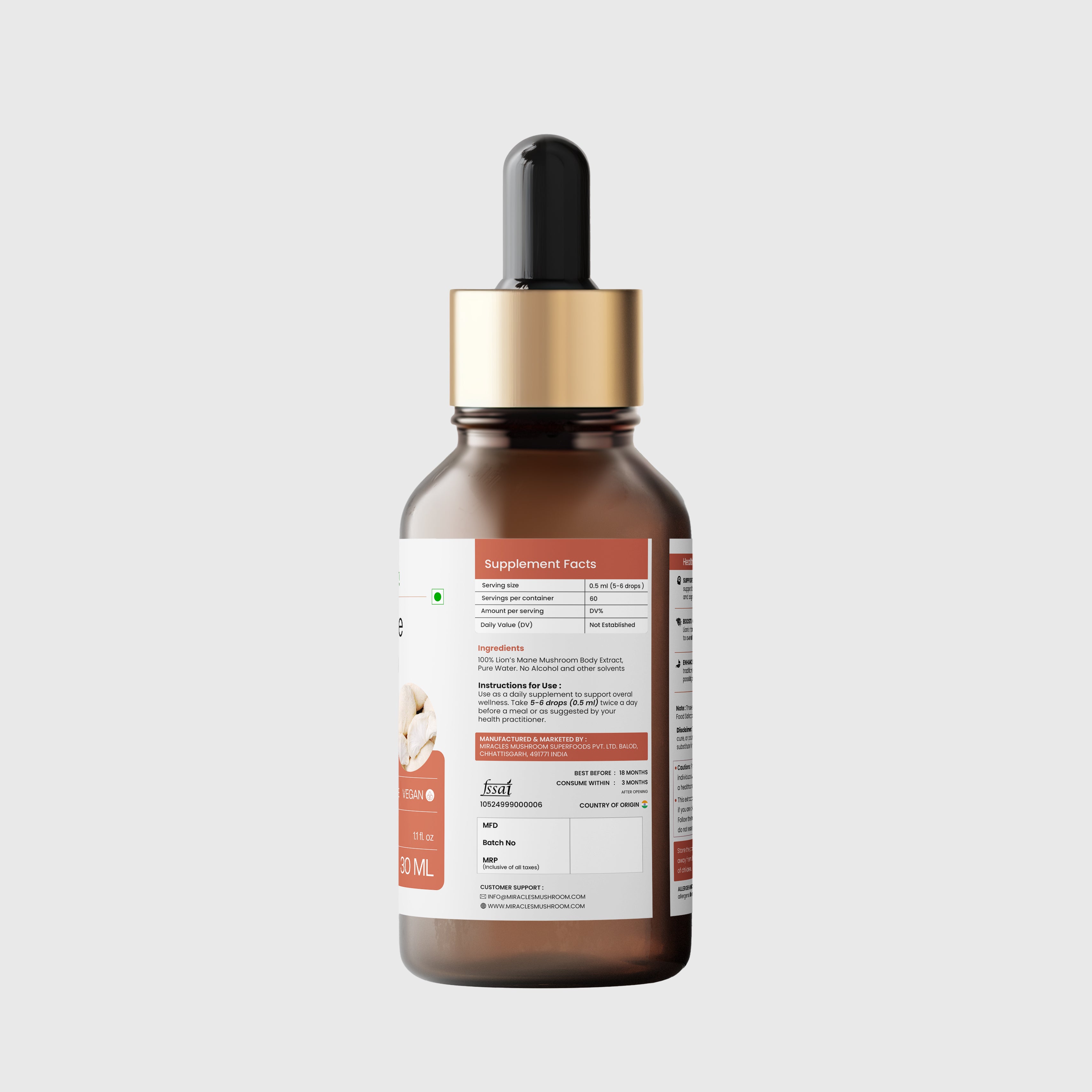 Miracles Mushroom  - Lion's Mane Mushroom Liquid Extract - 30ml