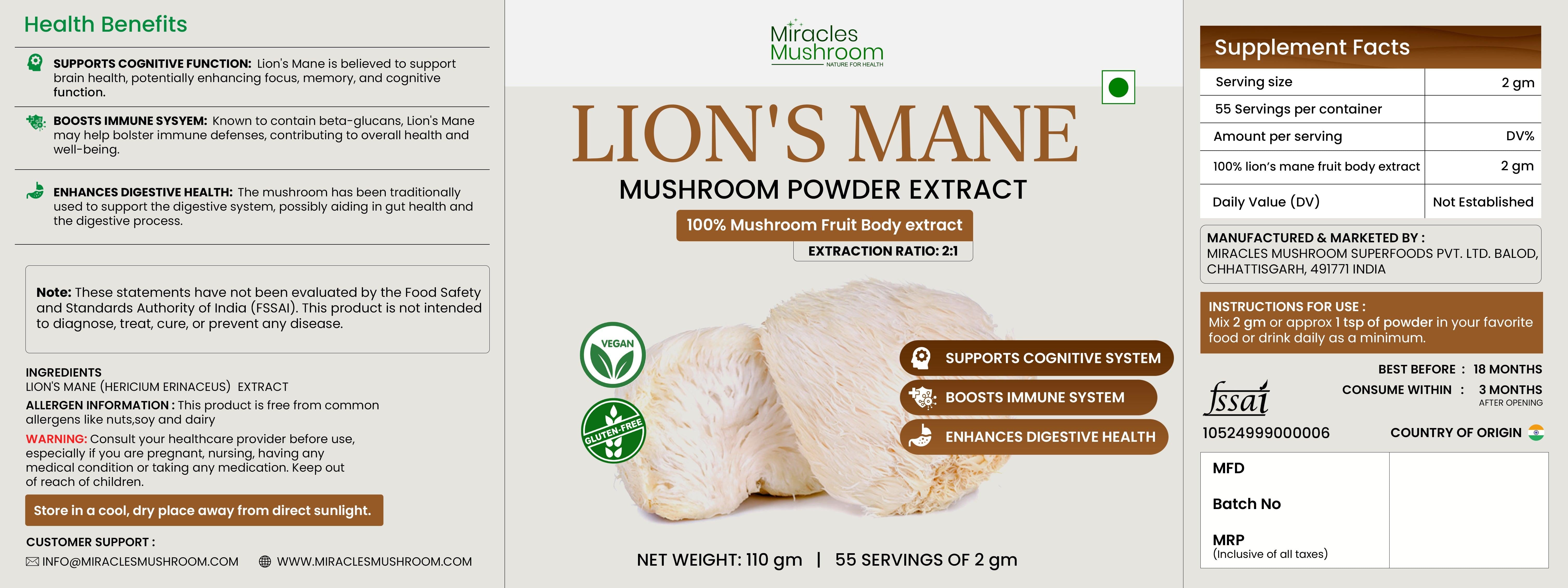 Miracles Mushroom - Lion's Mane Mushroom Extract Powder - 110g.