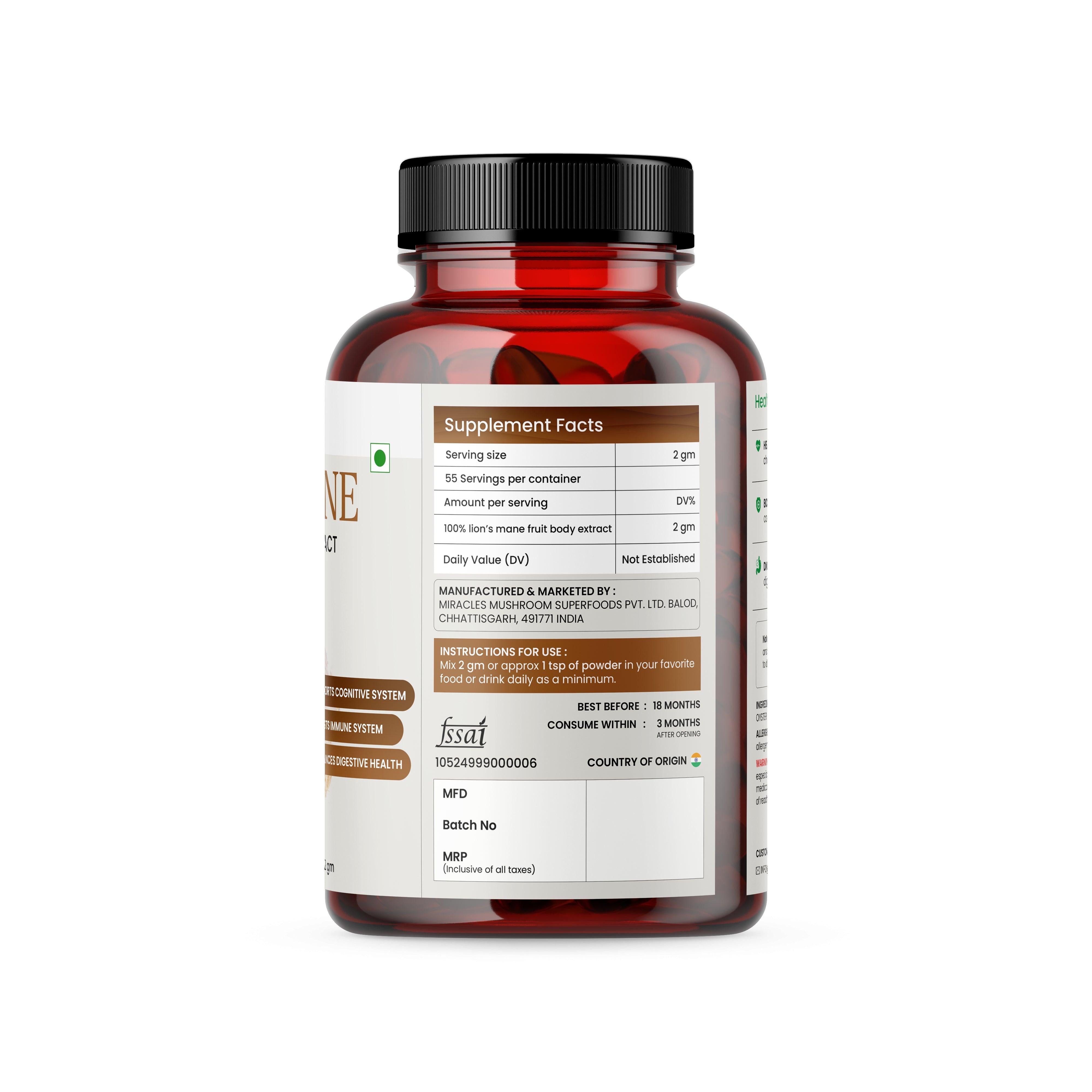 Miracles Mushroom : Lion's  Mane Mushroom Extract Powder 60g.