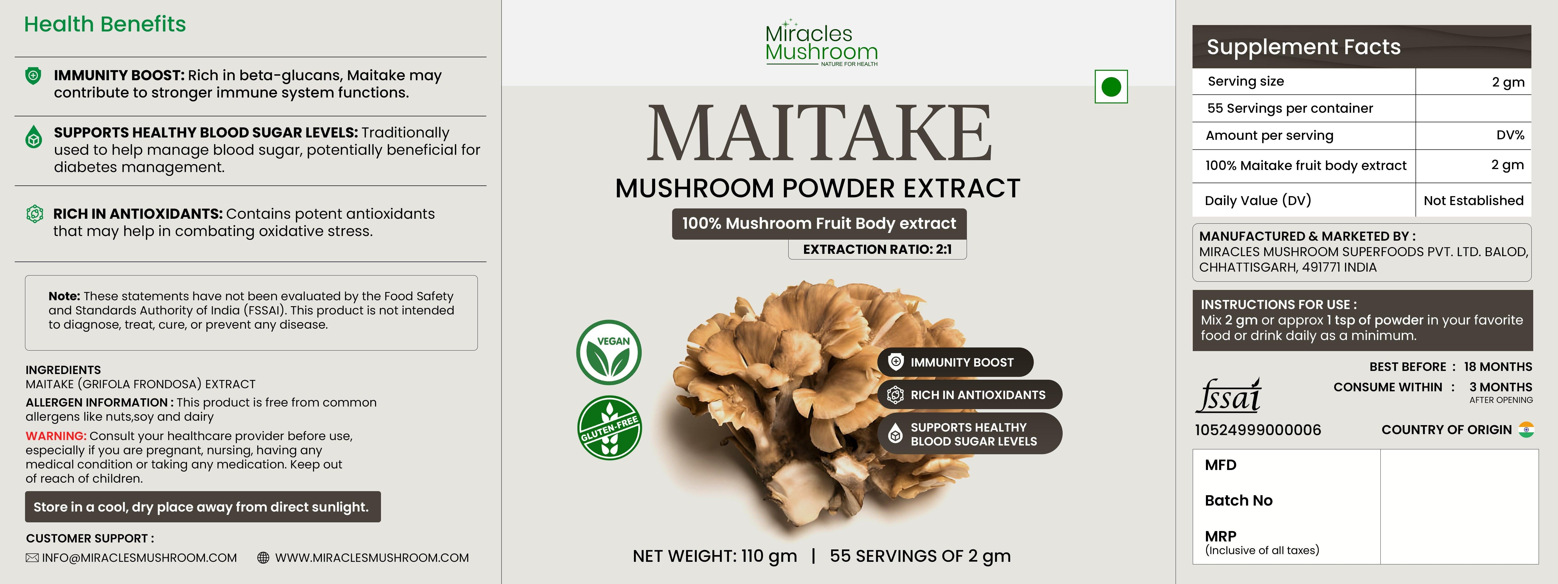 Miracles Mushroom - Maitake Extract Powder - 110g.