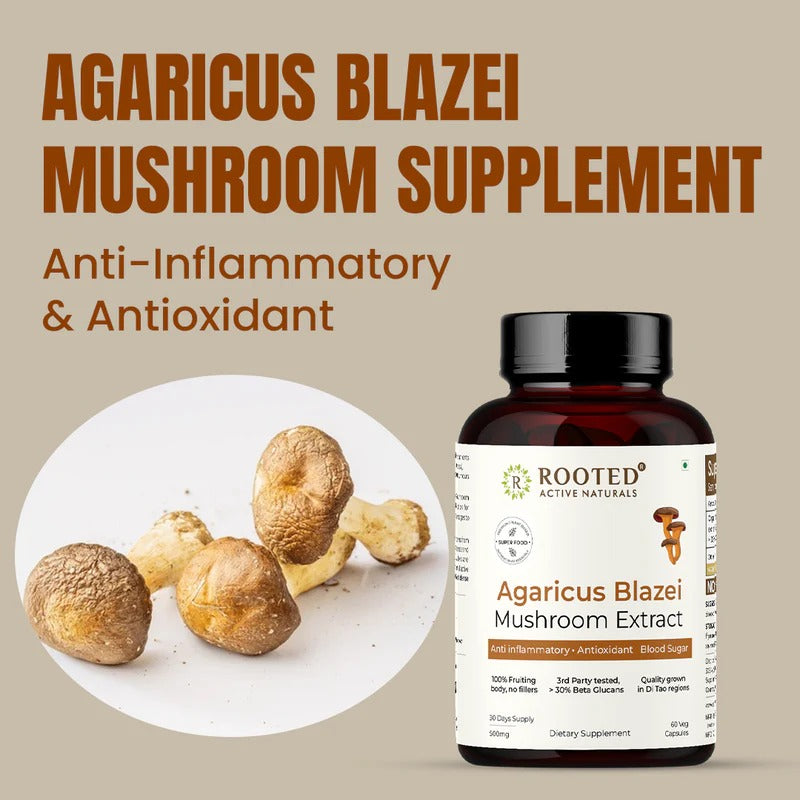 Rooted Actives Organic Agaricus Blazei (ABM) Mushroom Extract Capsules - King of Mushrooms | Everyday Wellness