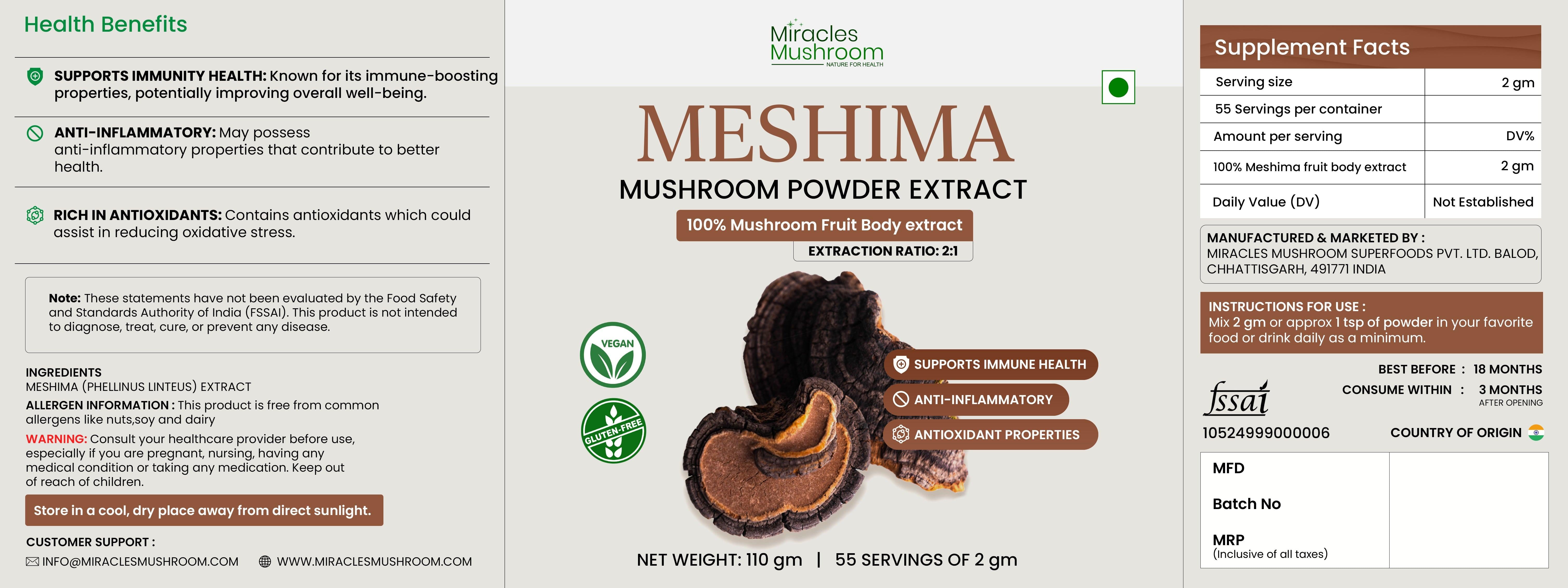 Miracles Mushroom - Meshima Extract Powder - 110g.