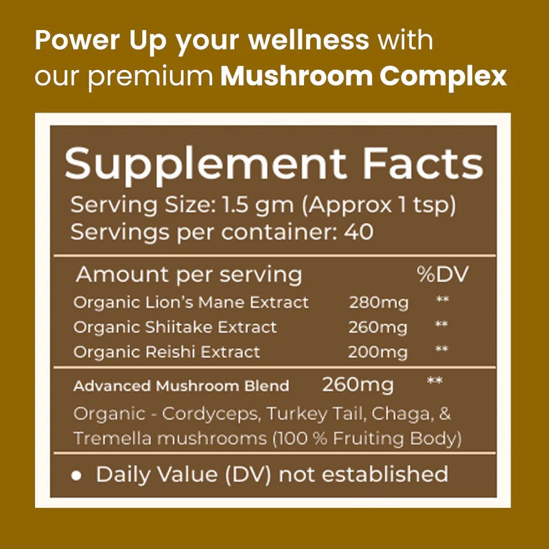 Rooted Actives Organic 7-Mushroom Complex Powder - Lion's Mane, Reishi, Cordyceps, Shiitake, Turkey Tail, Chaga & Tremella