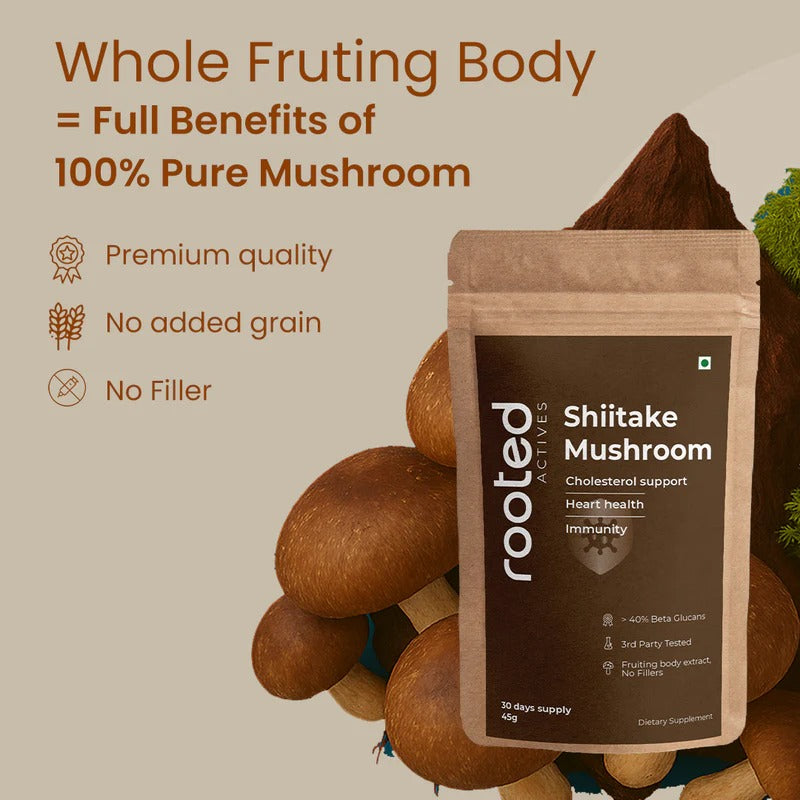 Rooted Actives Shiitake Mushroom Powder - Pure Fruit-Body Extract for Coffee, Tea & Smoothies