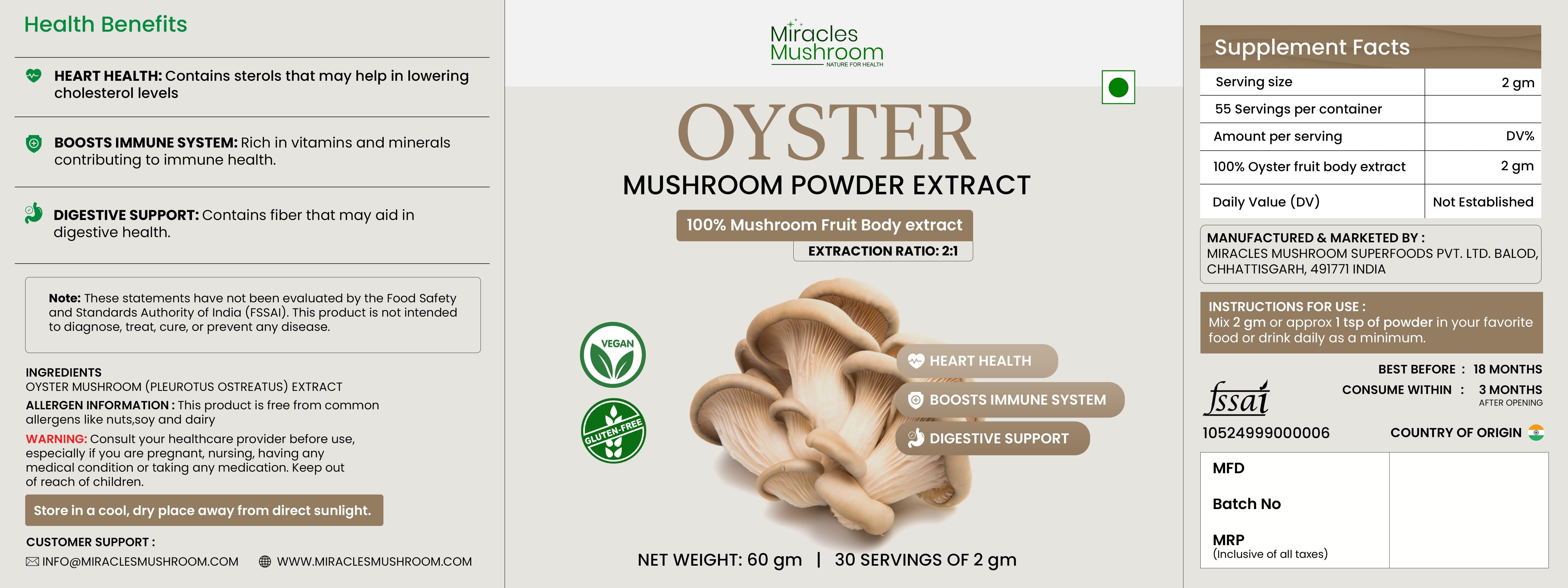 Miracles Mushroom : Oyster   Mushroom Extract Powder 60g.