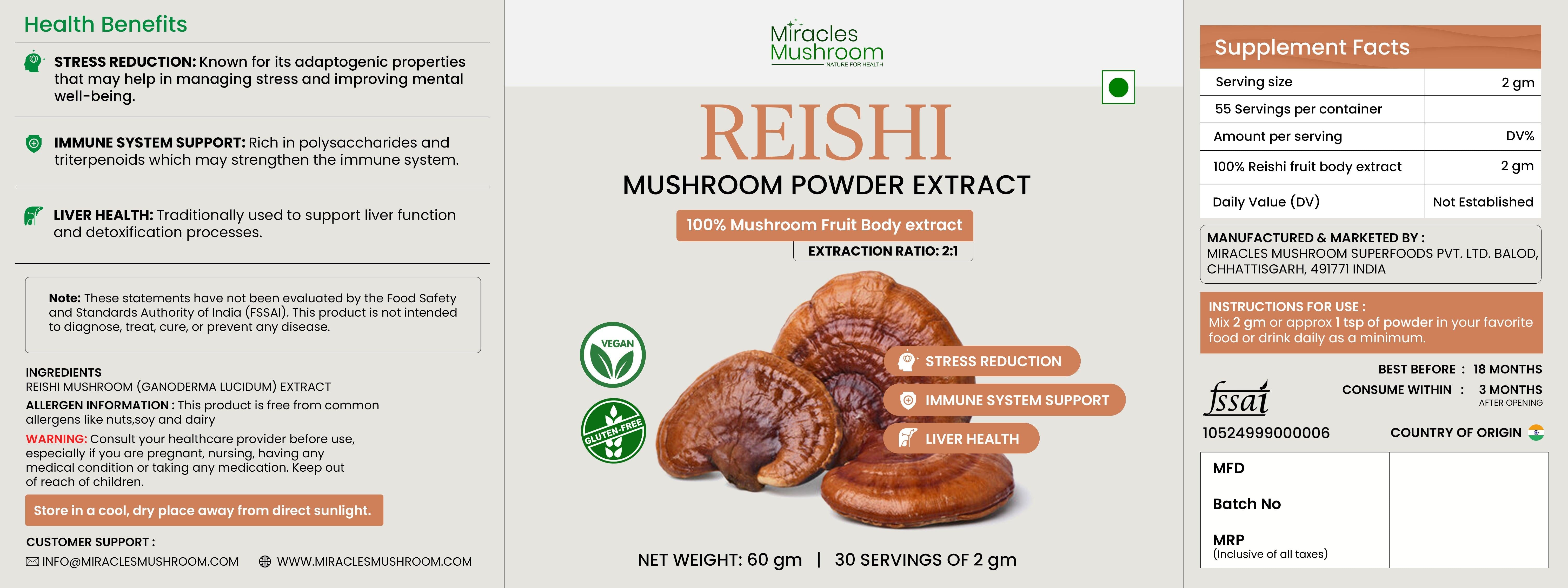 Miracles Mushroom :  Reishi Mushroom Extract Powder 60g.