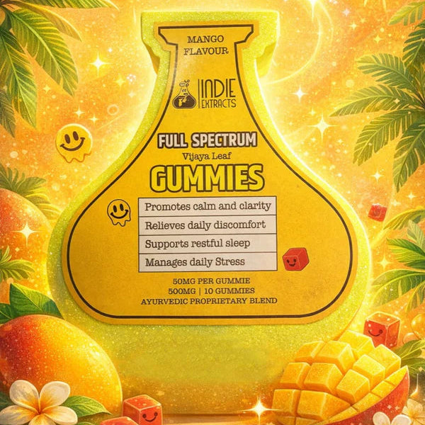 Mango-flavored gummies packaging with tropical elements on a bright background