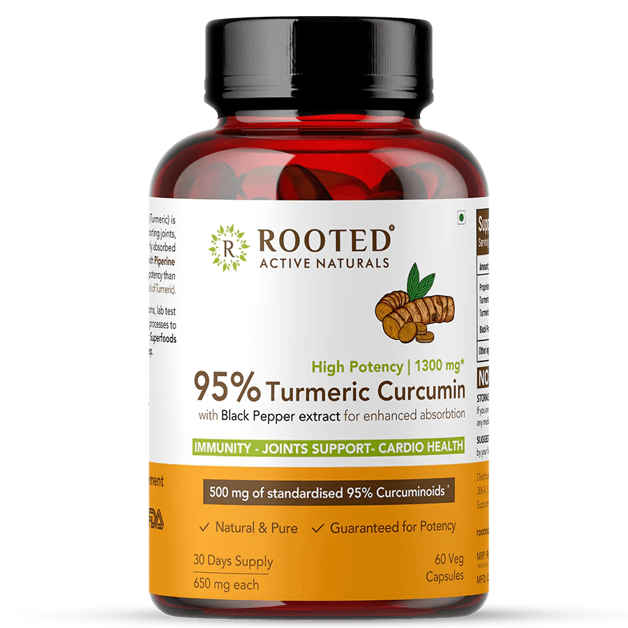 Rooted Actives Turmeric Curcumin (95%) with Reishi Mushroom extract 1300mg, for Immunity, Joints Cardio Health| 60 VEG Capsules.