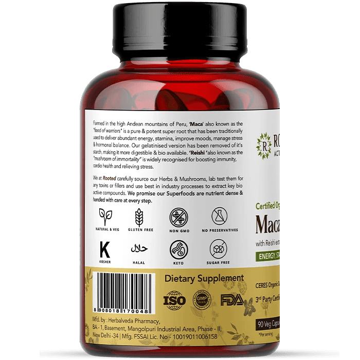 Rooted Actives Maca Root Extract with Reishi Mushroom (90 Veg Caps, 750 mg) -Stamina, Virility, Hormonal support.