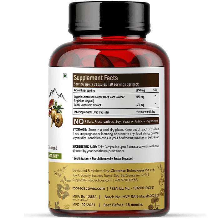 Rooted Actives Maca Root Extract with Reishi Mushroom (90 Veg Caps, 750 mg) -Stamina, Virility, Hormonal support.