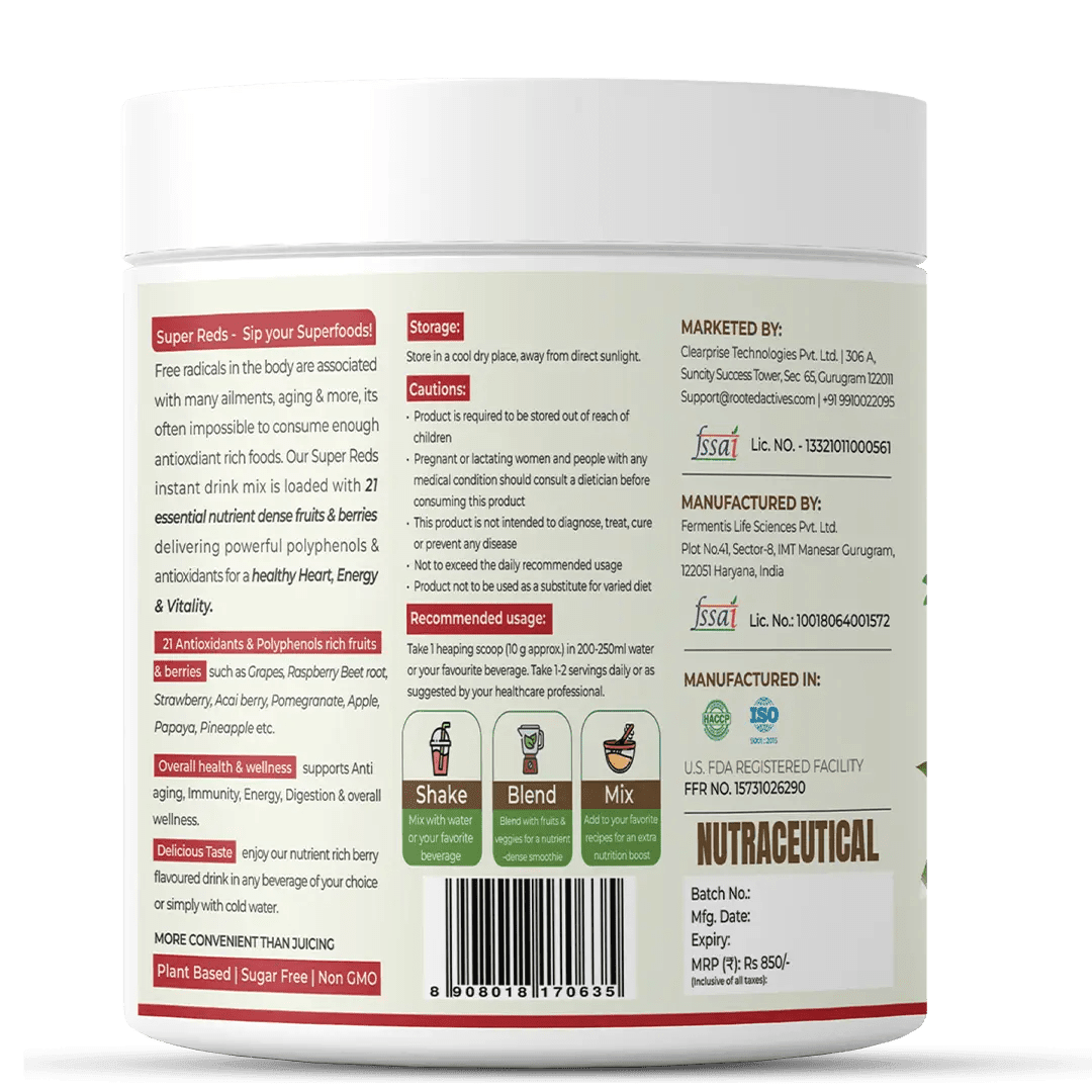 Tasty Berry Flavour Drink Mix - Rooted Actives Super Reds Health Drink ( 250 G, 21 Nutritious Fruits, Berries & Stevia) | Heart Health, Energy & Vitality