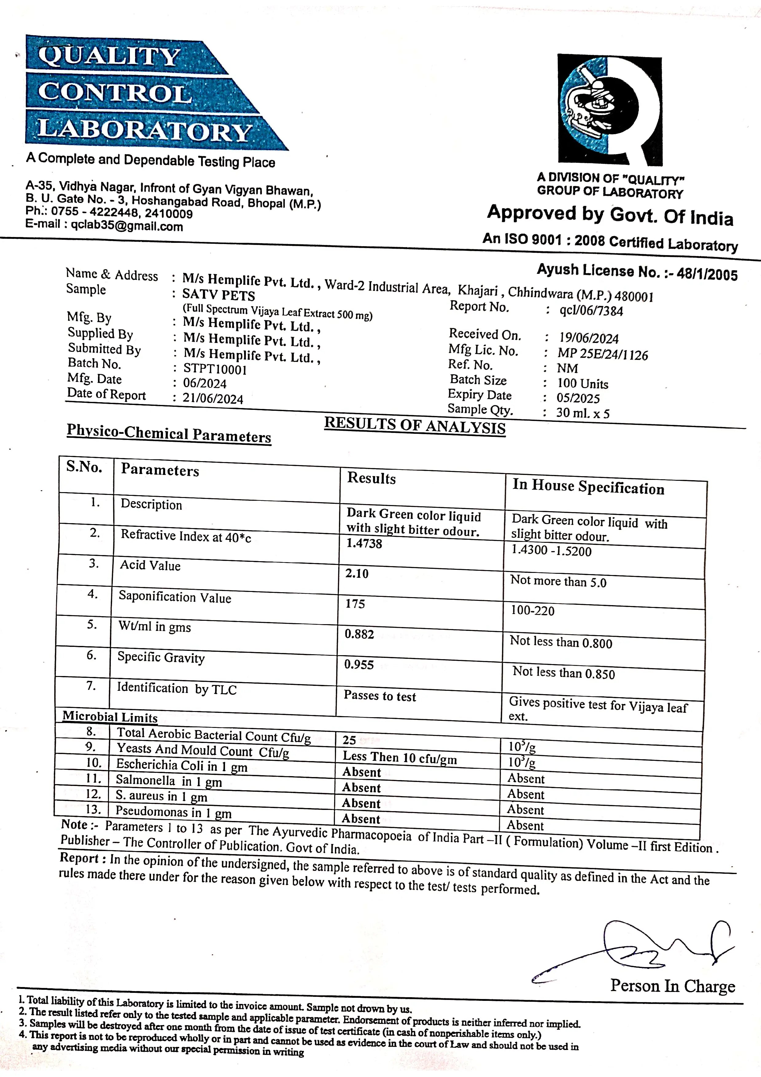 Hemplife- SATV Pet CBD Oil 500mg - 10ml.