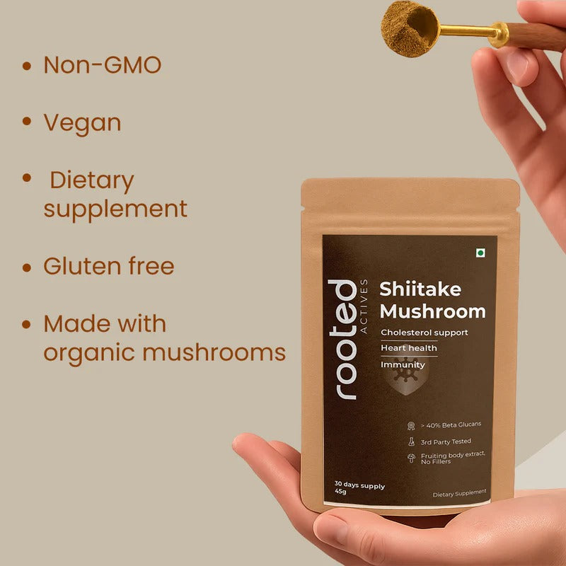 Rooted Actives Shiitake Mushroom Powder - Pure Fruit-Body Extract for Coffee, Tea & Smoothies