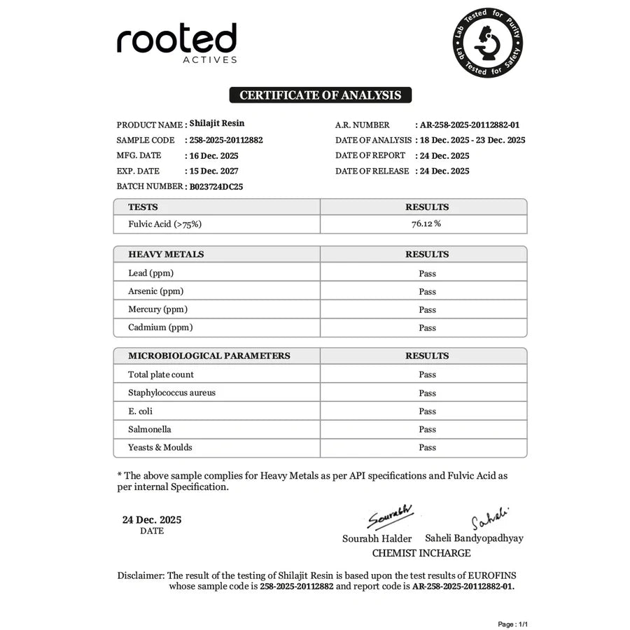 Rooted Actives Pure Himalayan Shilajit Resin - 75%+ Fulvic Acid & 85+ Trace Minerals