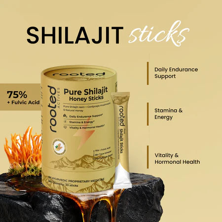Rooted Actives Pure Shilajit Honey Sticks with Cordyceps - Himalayan Shilajit & Raw Honey (60%+ Fulvic Acid)