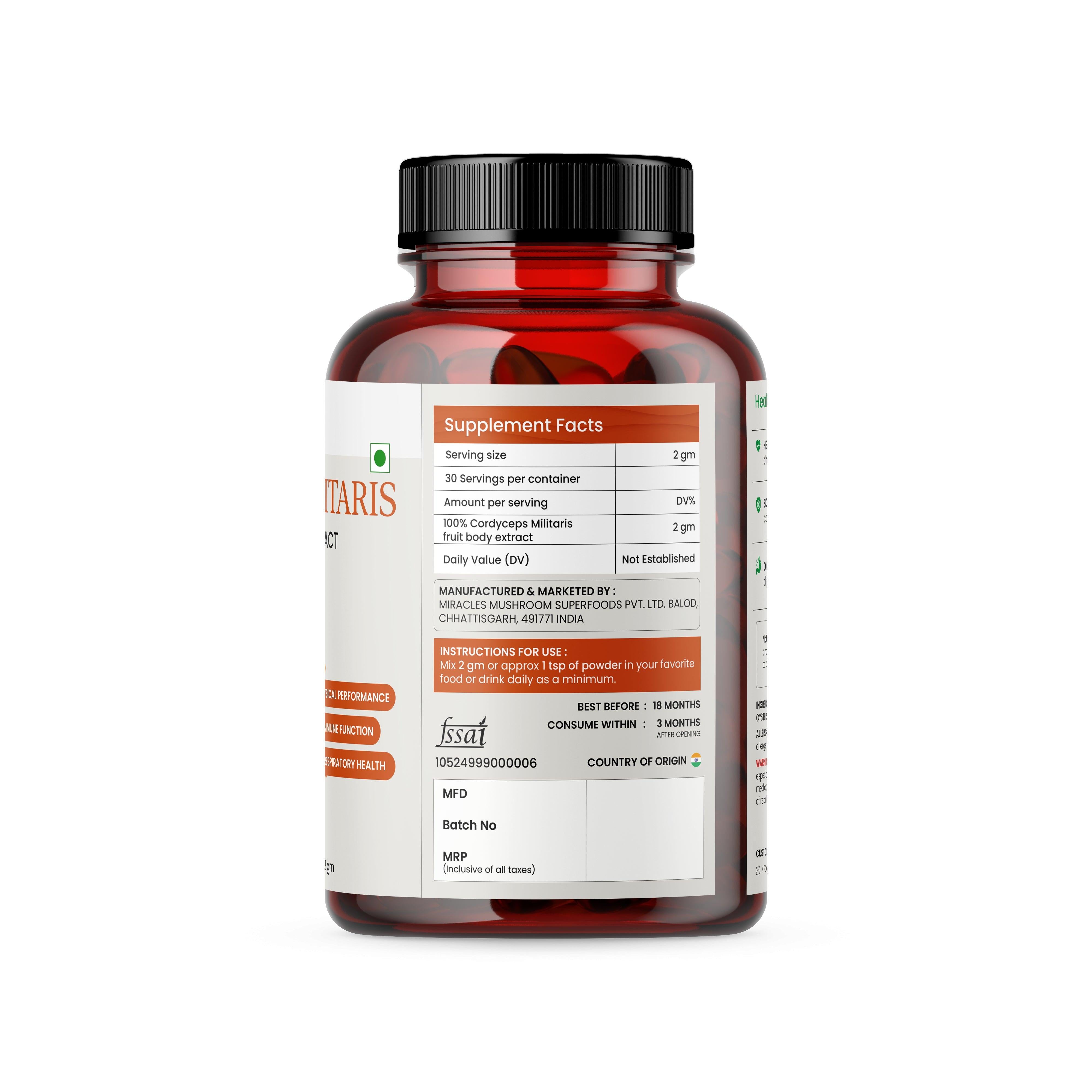 Miracles Mushroom : Cordyceps Mushroom Extract Powder 60g.