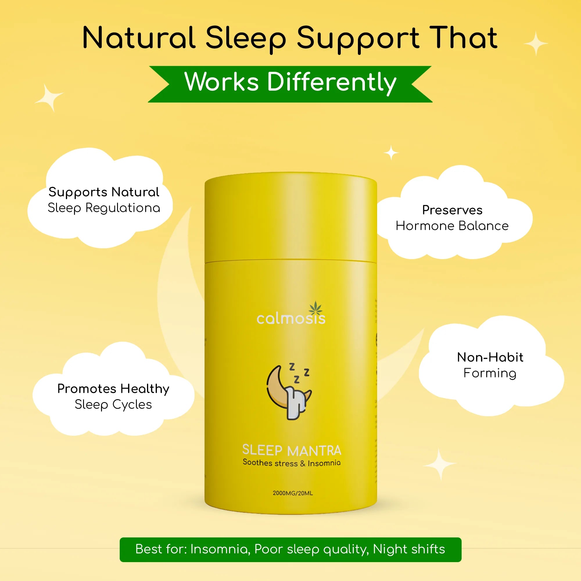 Yellow container labeled 'Sleep Mantra' with text about natural sleep support on a yellow background