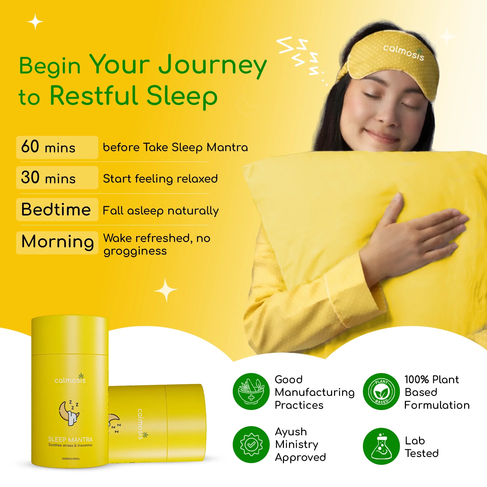 Promotional image for a sleep aid product with a woman holding a pillow, text about sleep benefits, and product packaging.