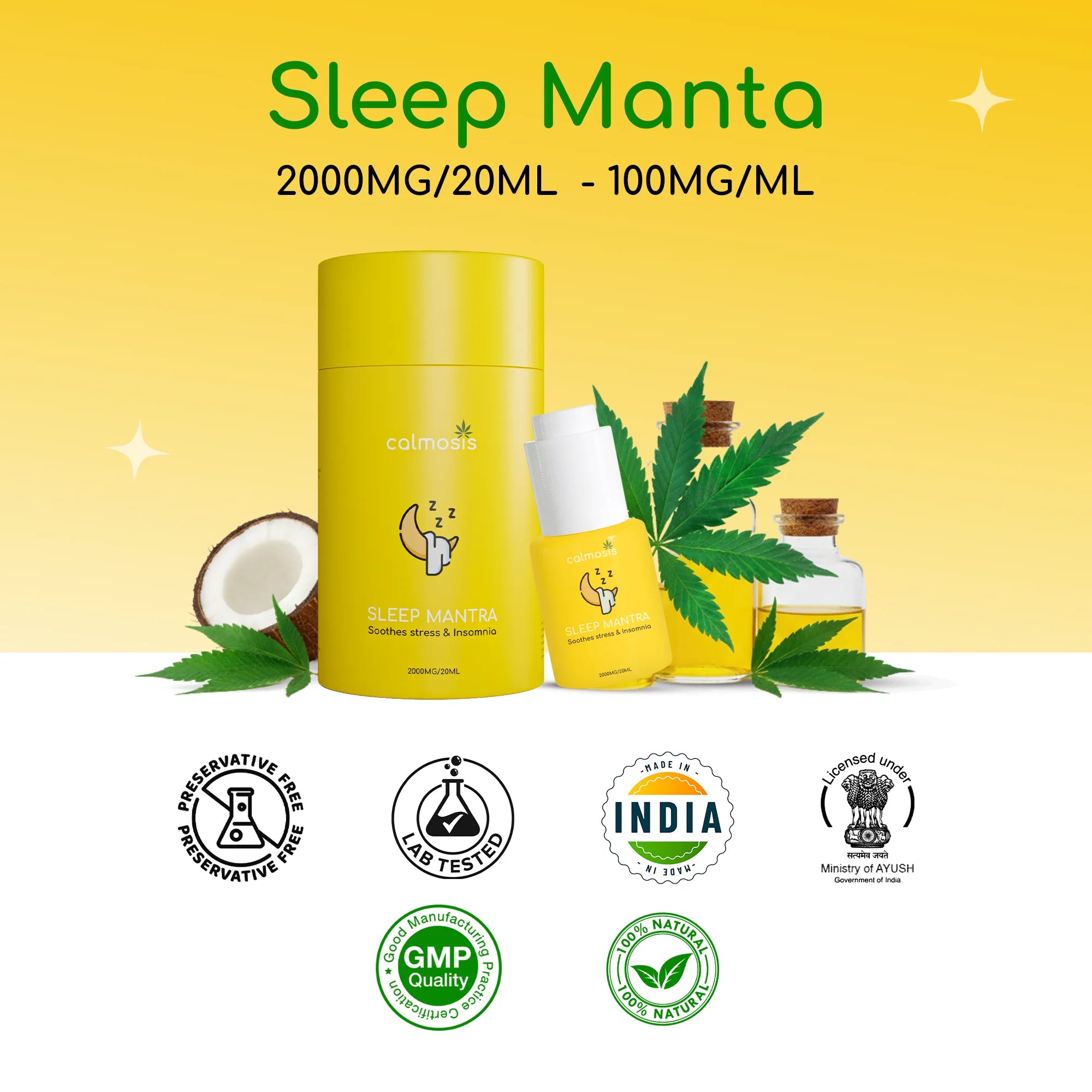 Yellow bottle labeled 'Sleep Manta' with cannabis leaves and product details on a yellow background