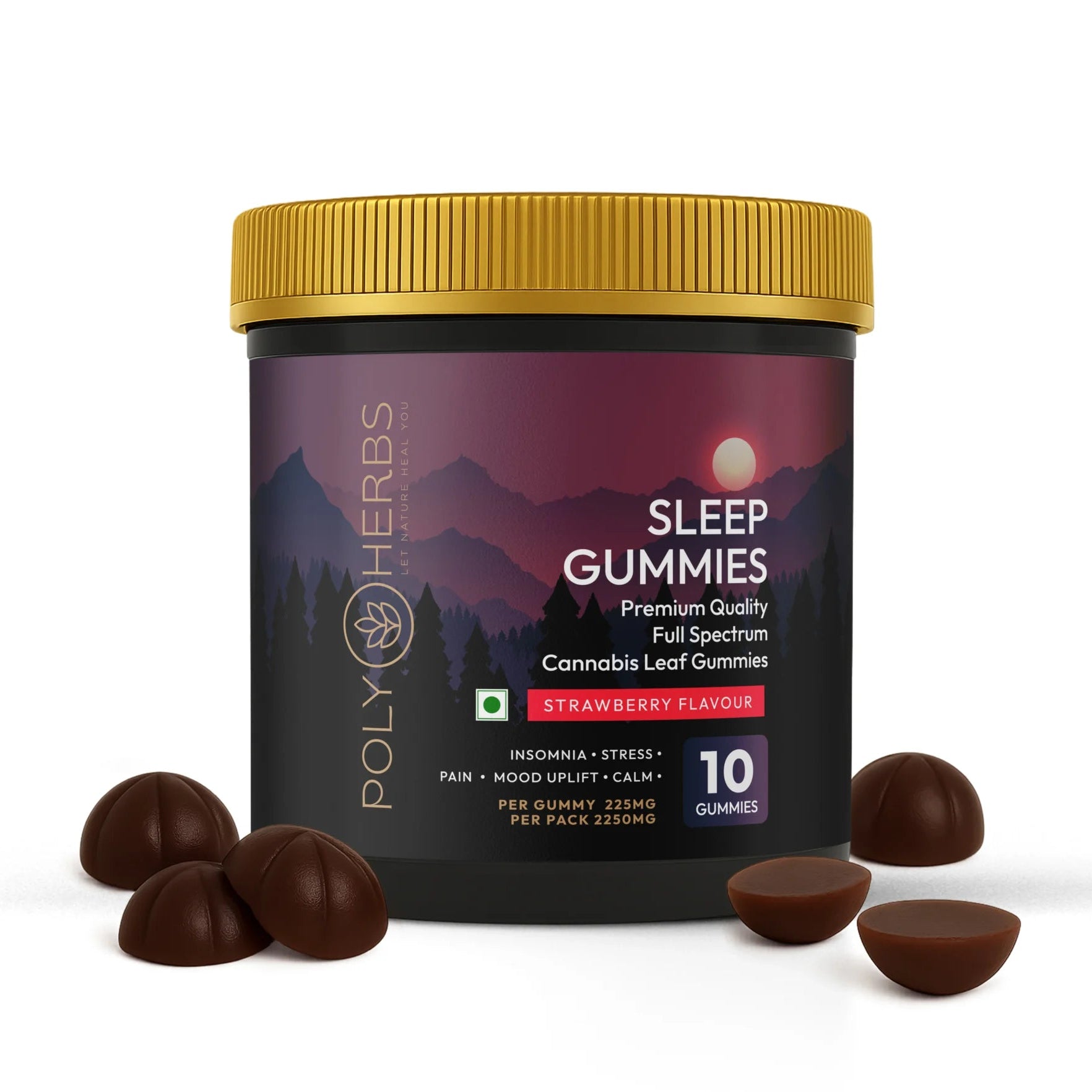 PolyHerbs SLEEP Strong CBD THC Gummies 225mg Per Gummy.