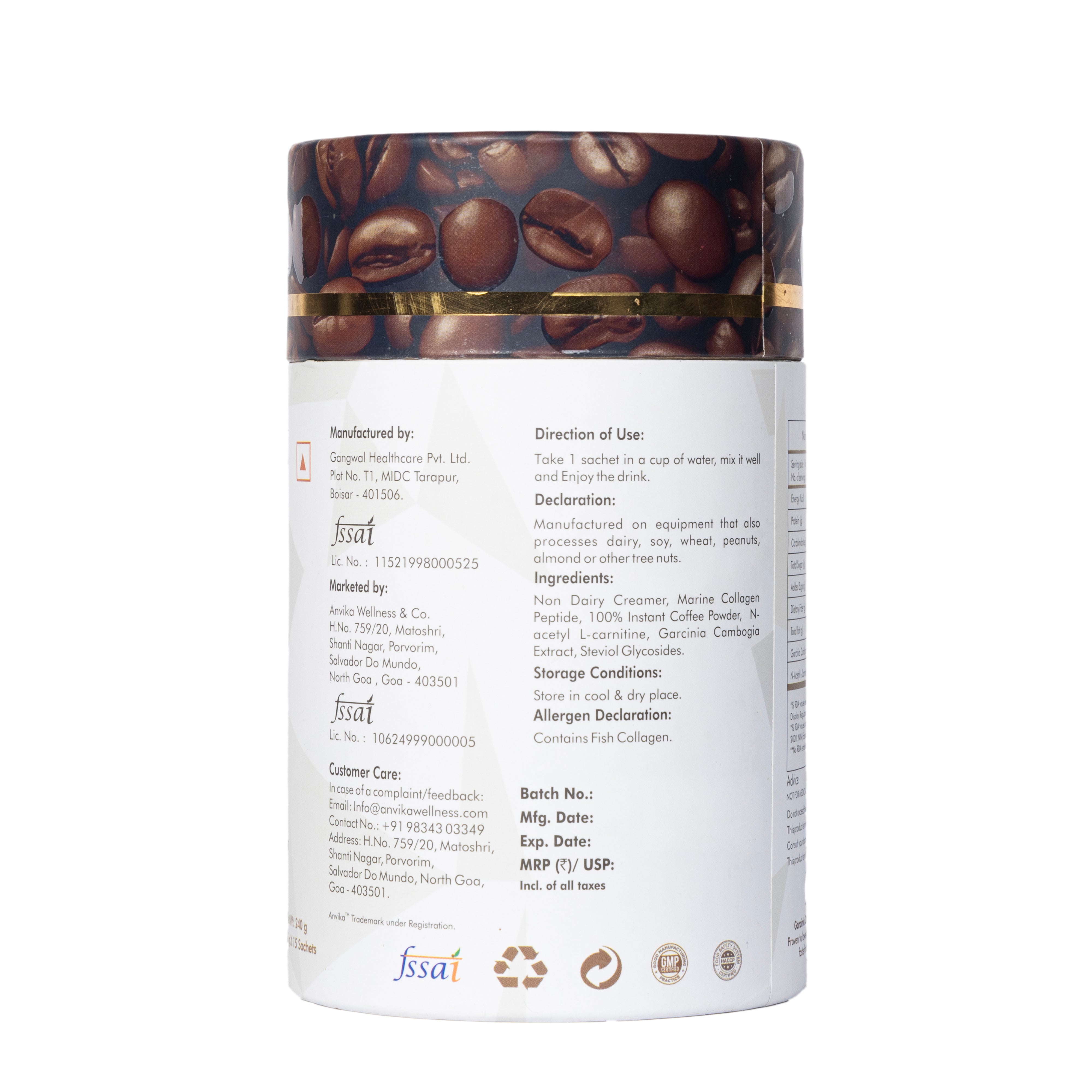 Anvika Slender Collagen with 100% Arabica Coffee & Marine Collagen Peptides for Weight Management