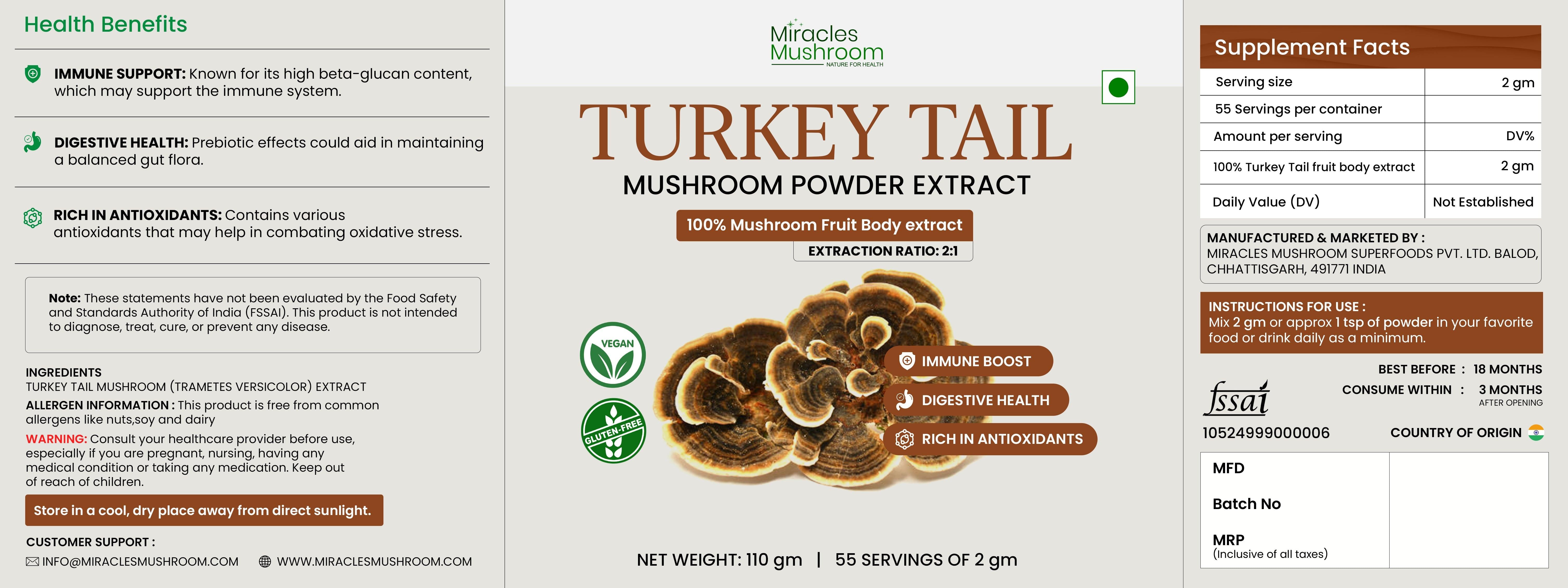 Miracles Mushroom :  Turkey Tail Mushroom Extract Powder 110g.