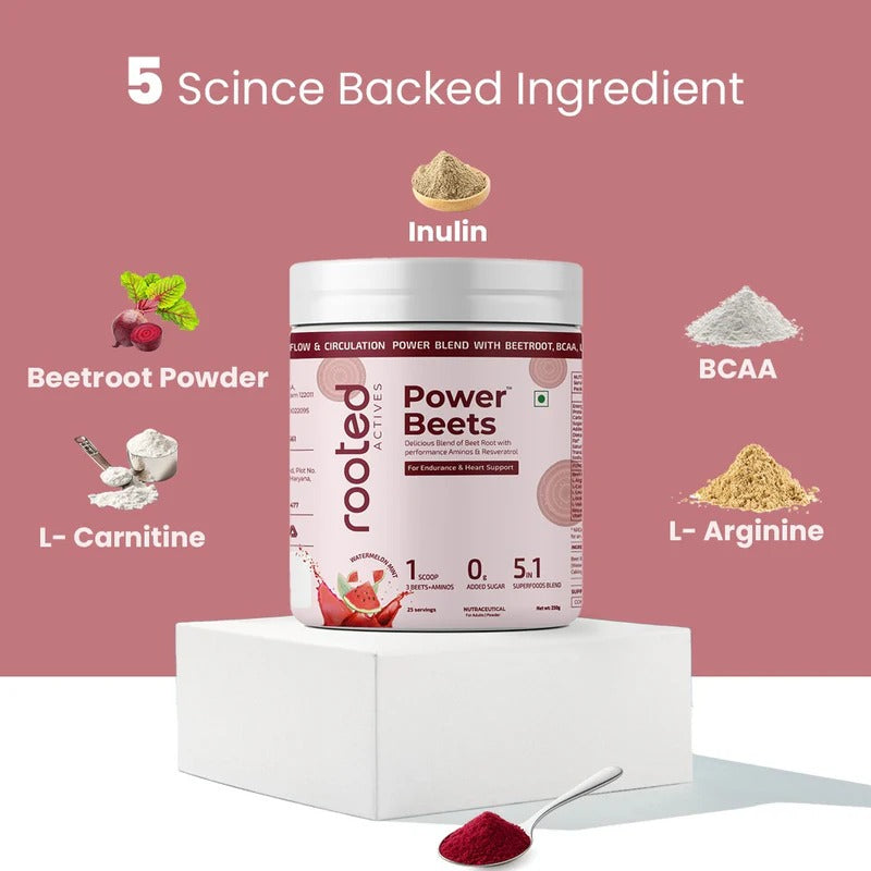 Rooted Actives Power Beets Drink Mix - Beetroot, BCAAs, L-Arginine & L-Carnitine (Watermelon Mint, 250g)