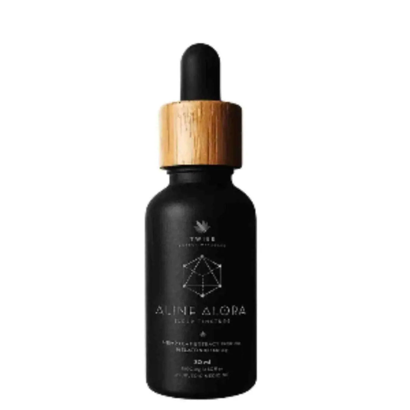 Twiee Aline Alora cannabis sleep tincture bottle with a bamboo cap and black label against a plain background.