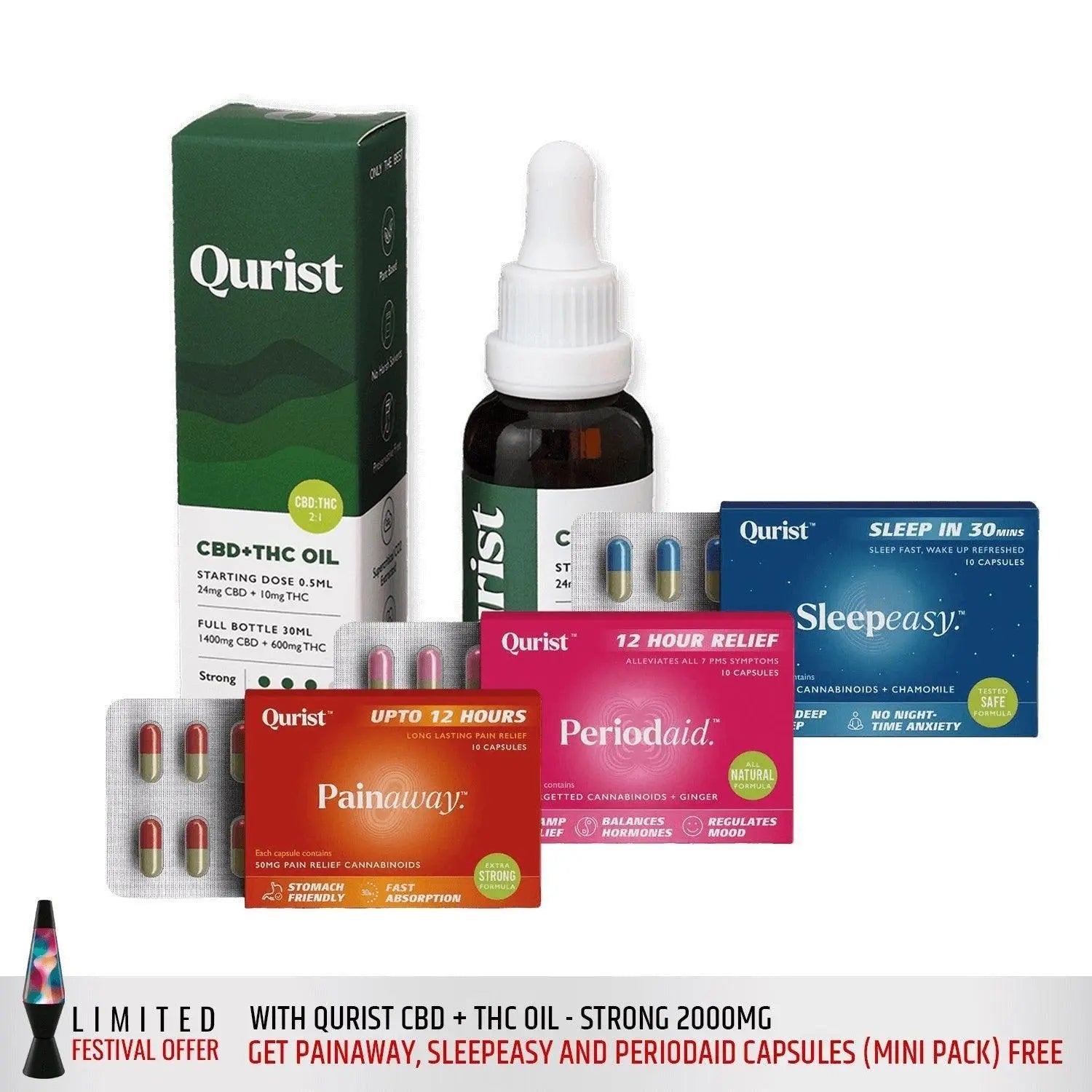 Qurist Total Wellness Bundle - Free Painaway, Sleepeasy and Periodaid capsules (mini pack) With Qurist CBD + THC Oil - Strong 2000mg.