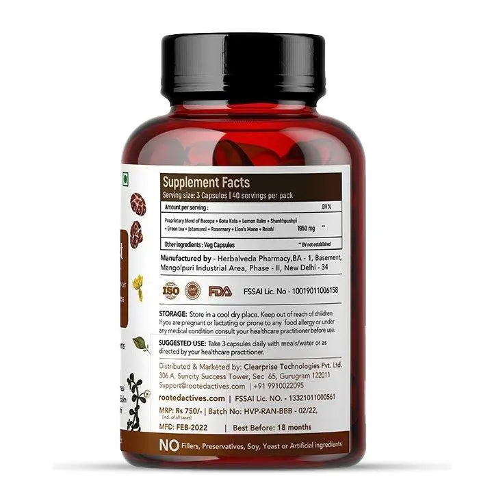 Rooted Actives Brain Boost supplement for Focus, Memory, Brain wellness | 60 Veg Caps of 500 mg each..