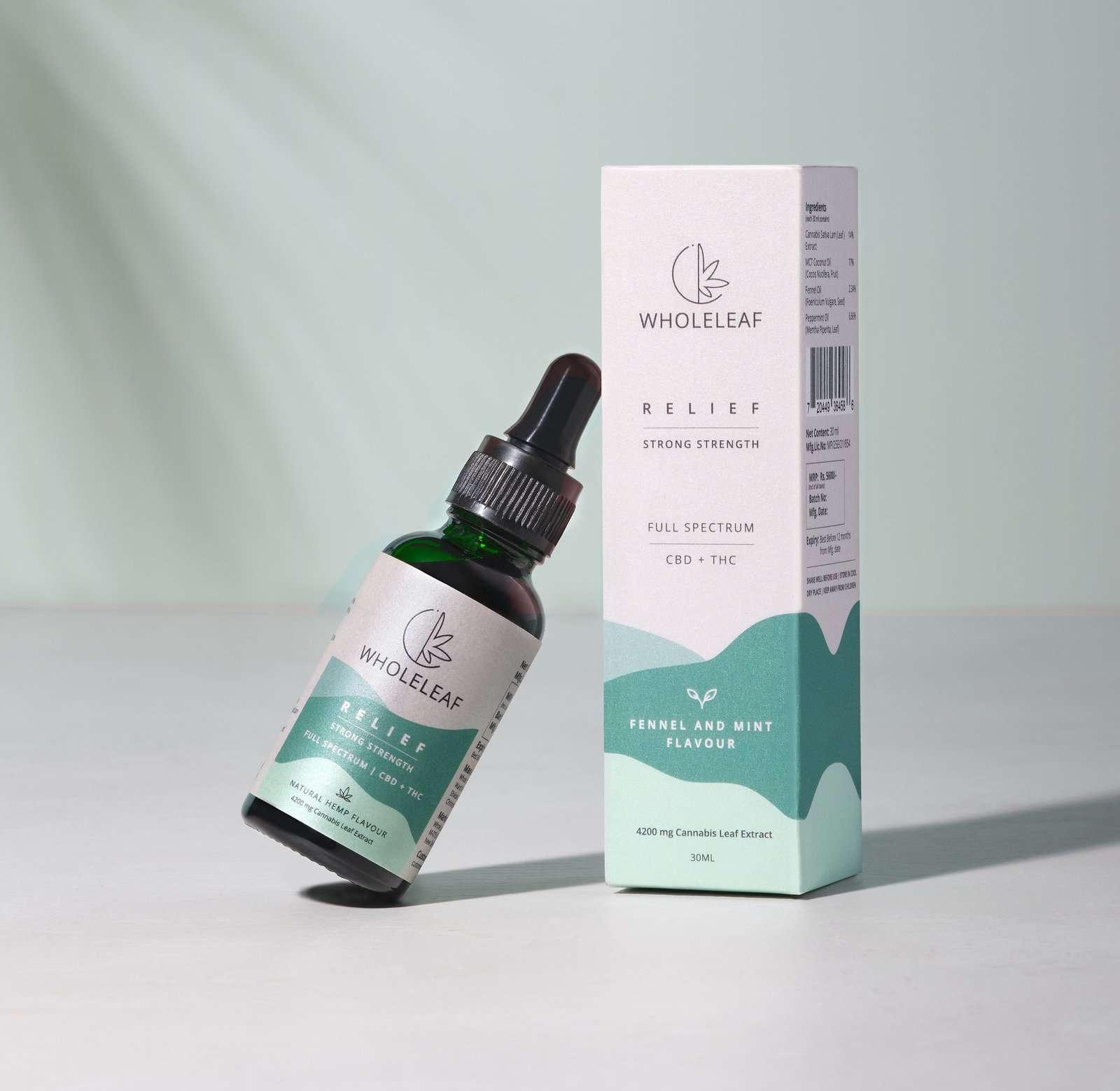 Wholeleaf- Relief Strong Strength Cannabis Oil (THC Dominant)  Fennel and Mint FlavourCBD Oil TincturesWholeleaf Pain Relief Strong Strength CBD-THC Oil | CBD Store India