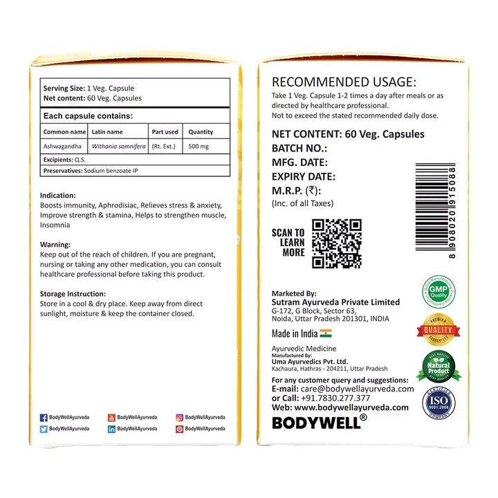 Bodywell Ayurveda - Ashwagandha Pure Extract Capsule | Immunity, Energy, Strength, Stamina | For Men & Women | 500 mg.