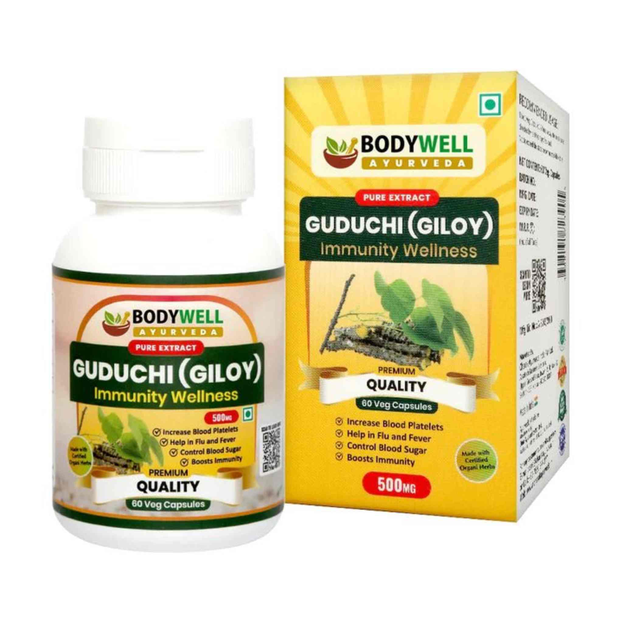 Bodywell Ayurveda - Giloy Pure Extract Capsule | Antioxidant Properties | Boosts Immunity | Improves Digestion | Good for Overall Health & Wellness | 500mg - CBD Store India