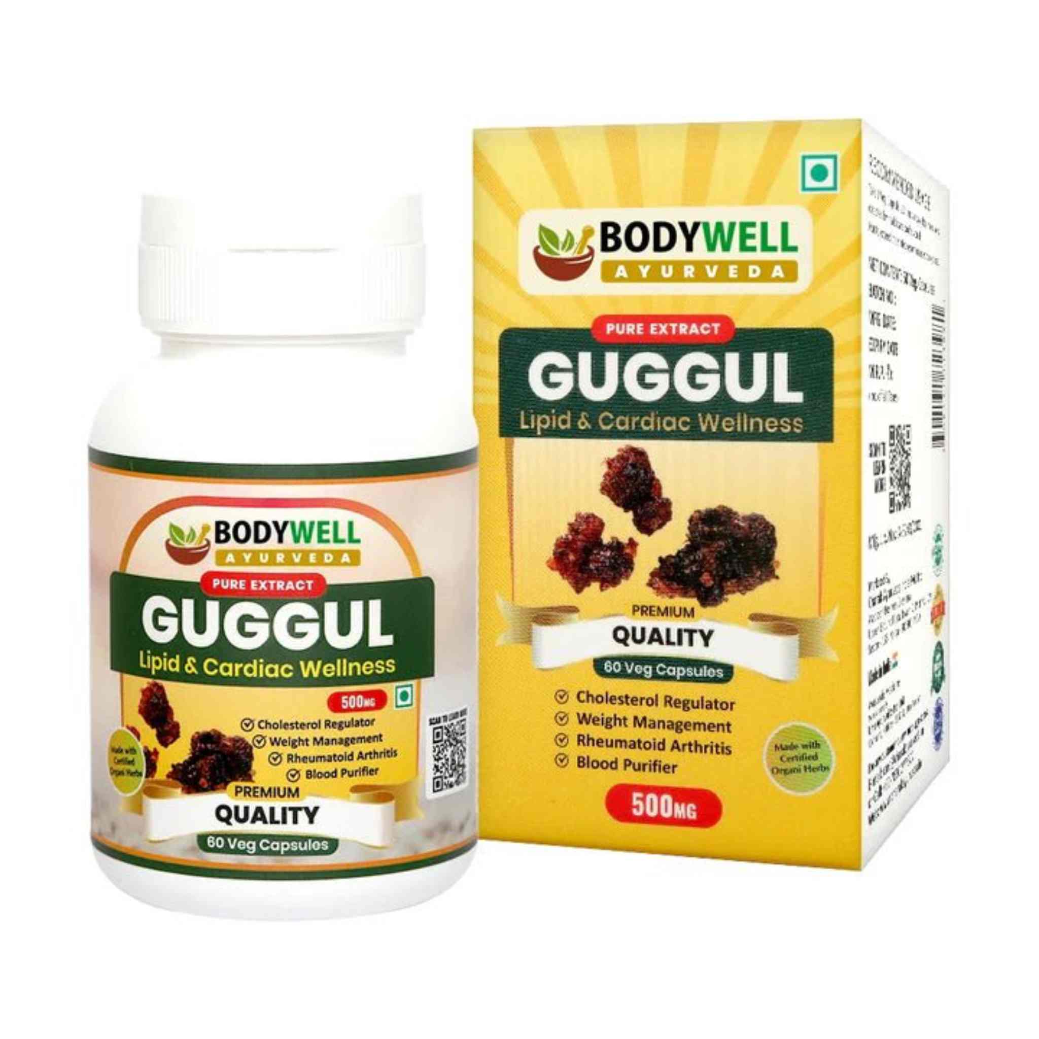 Bodywell Ayurveda - Guggul Pure Extract Capsule | Natural Antioxidant | Improves Joints Health | Improves Digestion & Metabolism | Supports Detoxification | 500mg - CBD Store India