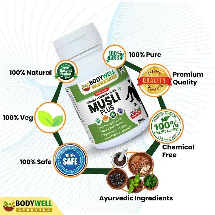 Bodywell Ayurveda - Musli Plus | Wellness Product for Man & Woman | Immunity, Energy & Stamina Booster | 500mgImmunity booster capsuleBodywell Ayurveda - Musli Plus | Wellness Product for Man & Woman 