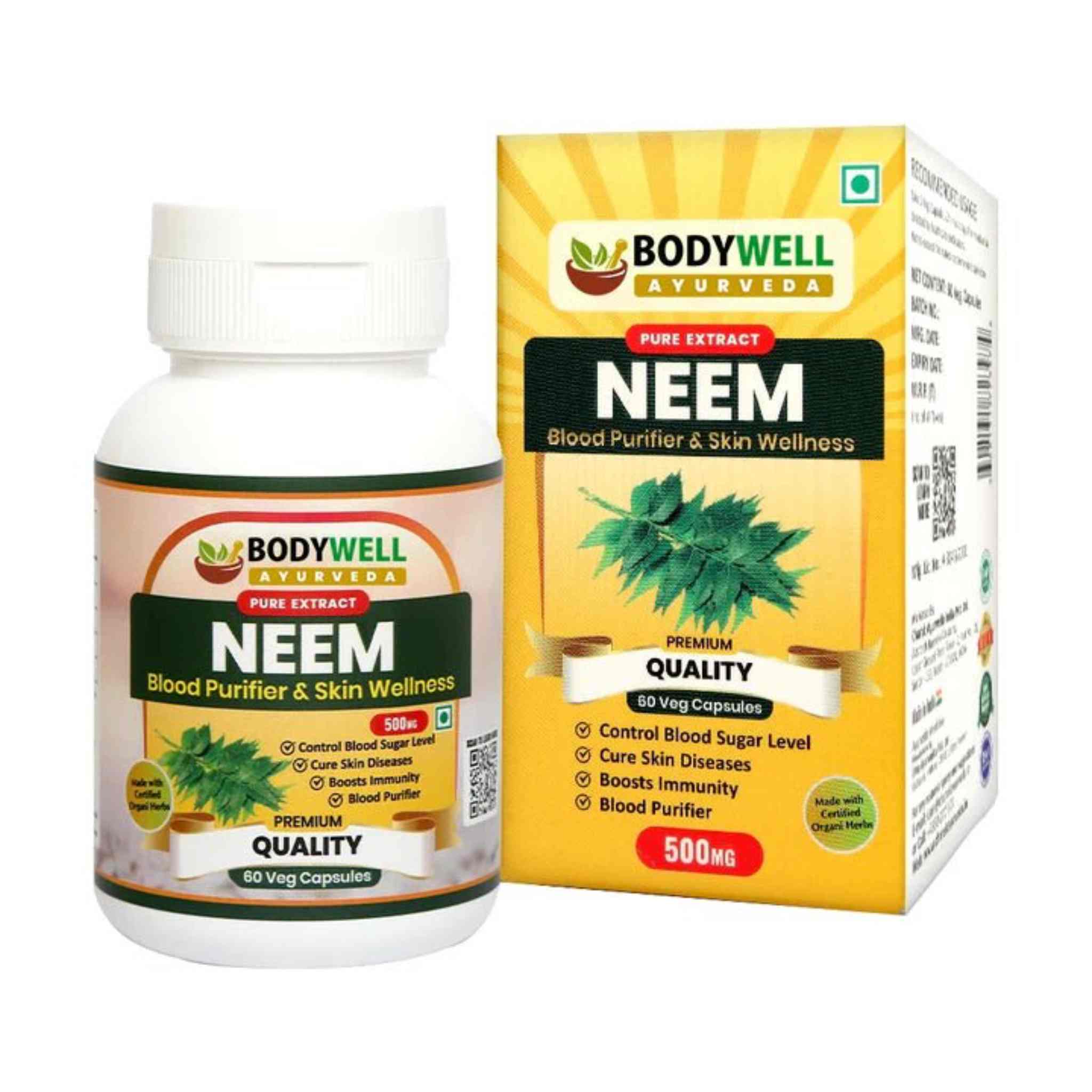 Bodywell Ayurveda - Neem Pure Extract Capsule | Anti Acne & Anti Bacterial | Improves Skin & Hair Health | Good for Detoxification and Metabolism | 500mg - CBD Store India