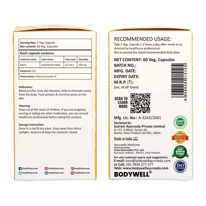 Bodywell Ayurveda - Neem Pure Extract Capsule | Anti Acne & Anti Bacterial | Good for Detoxification and Metabolism | 500mg.