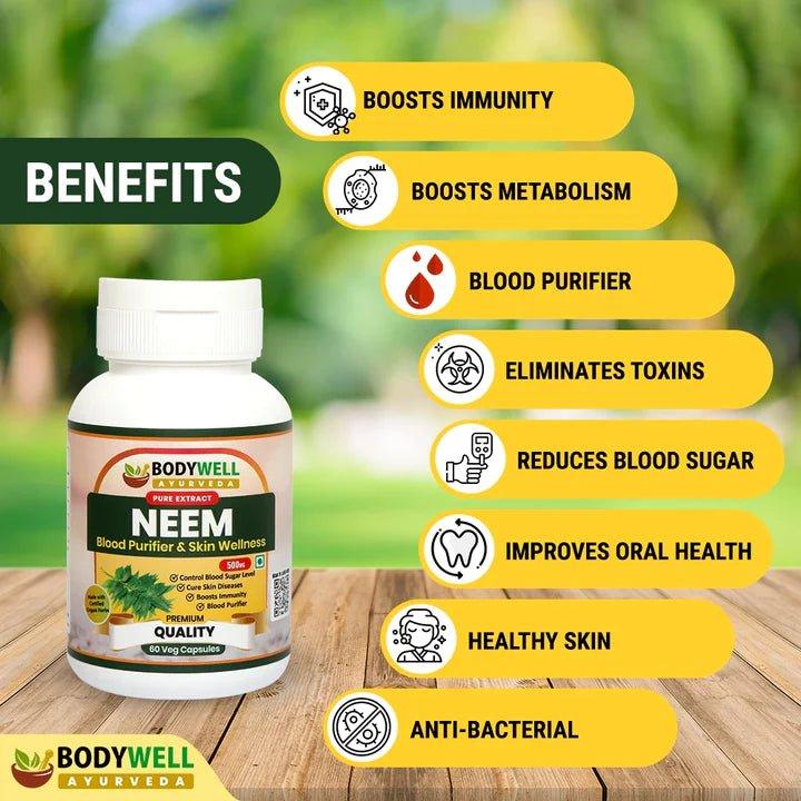 Bodywell Ayurveda - Neem Pure Extract Capsule | Anti Acne & Anti Bacterial | Good for Detoxification and Metabolism | 500mg.